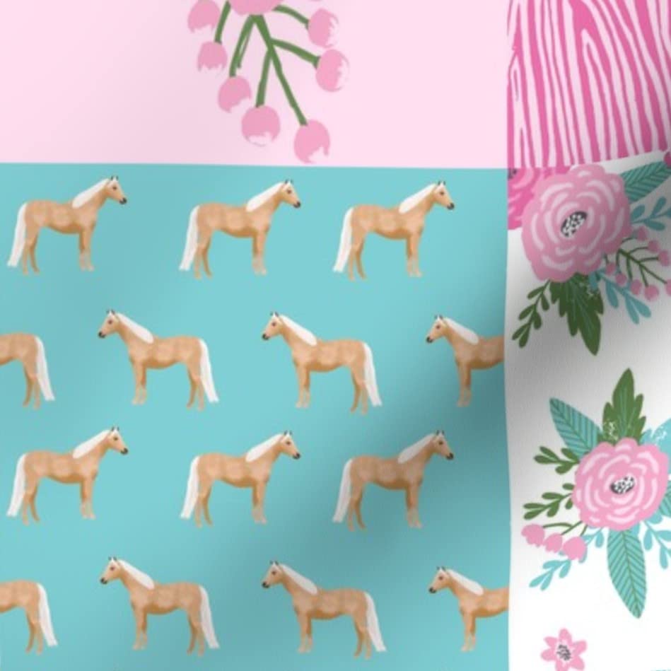 Premium Spoonflower Fabric - Horse Cheater Quilt Palomino Pink Aqua Floral Equestrian Design Printed on Soft Minky Fabric by The Yard - Perfect for Sewing Baby Blankets, Quilt Backing & Plush Projects | DIY Nursery Decor, Equestrian-Themed Bedding & Cozy Home Textiles