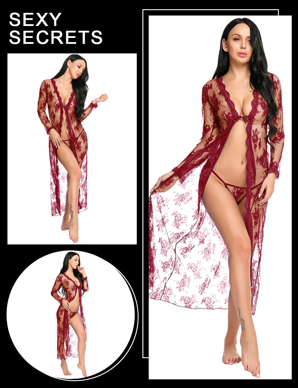 Sexy Long Lace Lingerie Dress for Women - Sheer See Through Kimono Robe Gown for Boudoir, Bedroom & Special Occasions