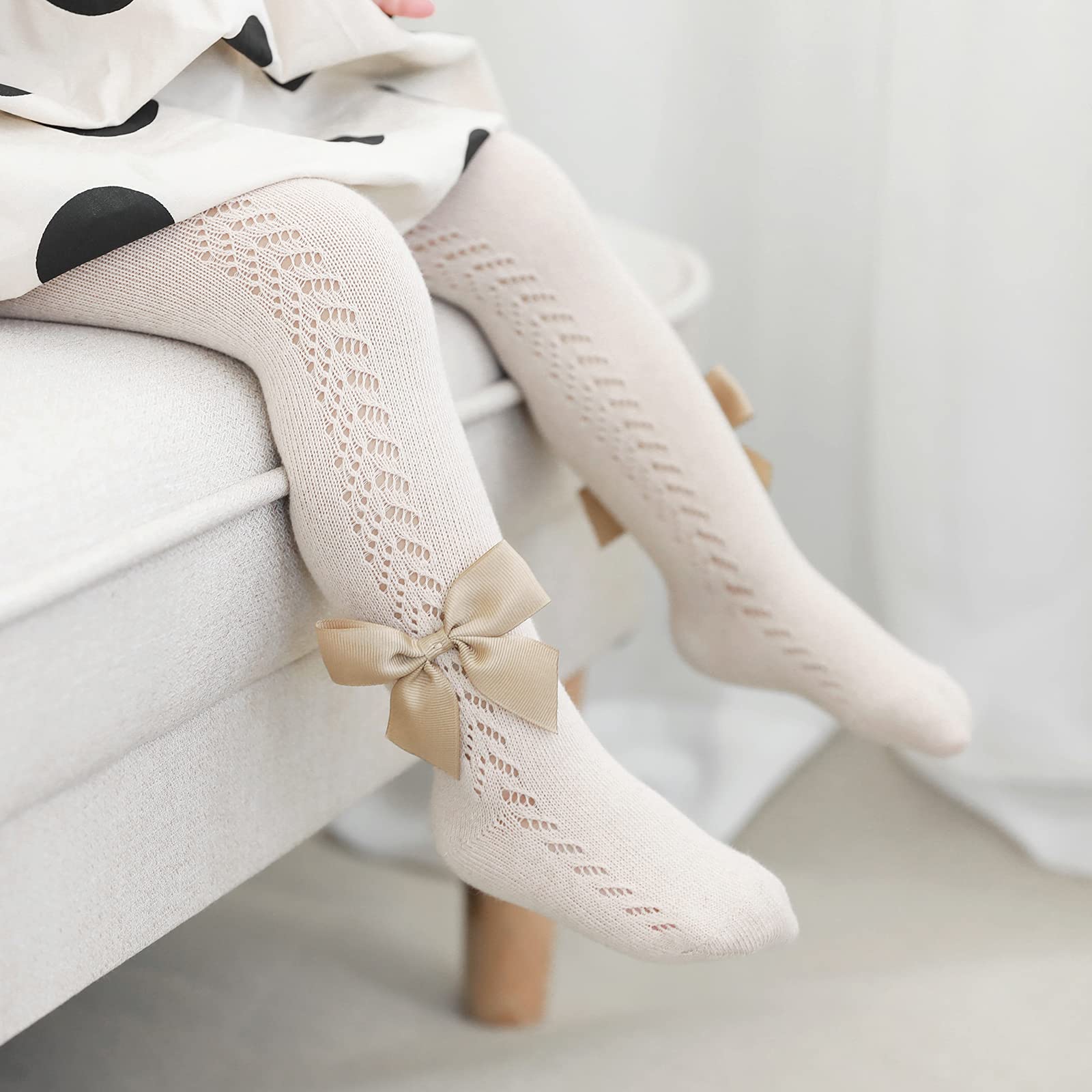 Ashmyova Baby Girl Tights - Soft Knit Bowknot Mesh Lace Stockings for Toddlers & Infants | Warm Leggings for Playtime, Dress-Up & Special Occasions