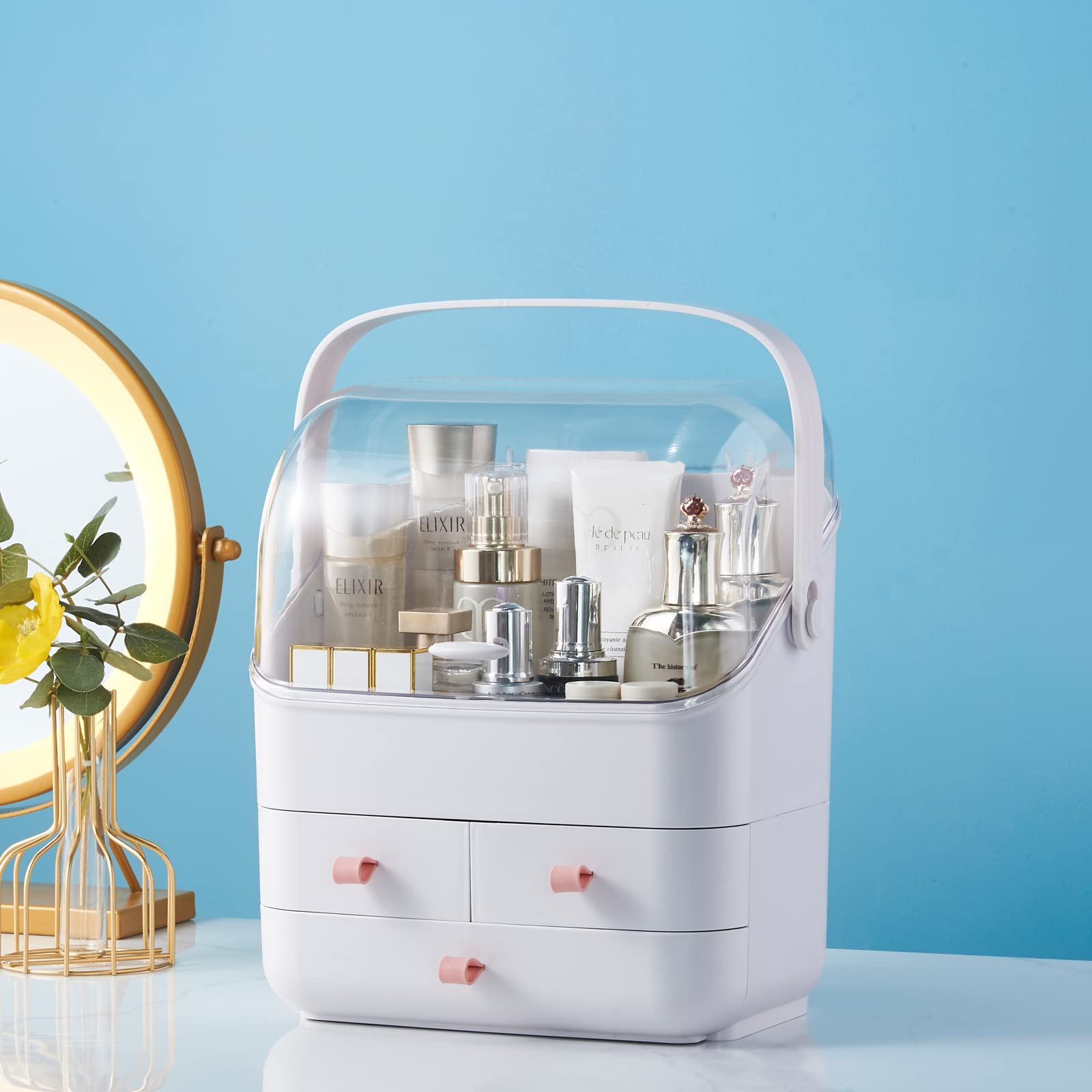 SUNFICON Acrylic Makeup Organizer with Cotton Pads Holder - 3-Tier Cosmetic Storage Box for Lipstick, Brushes & Skincare | Perfect for Vanity, Bathroom & Travel Organization