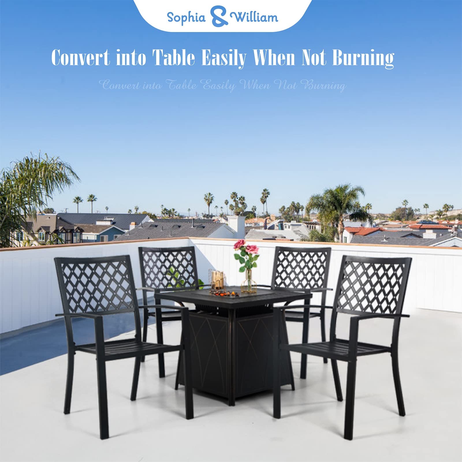 Sophia & William 5-Piece Outdoor Dining Set - Metal Patio Table with Gas Fire Pit & 4 Stackable Chairs (Black) - Perfect for Backyard BBQs, Garden Parties & Cozy Evenings