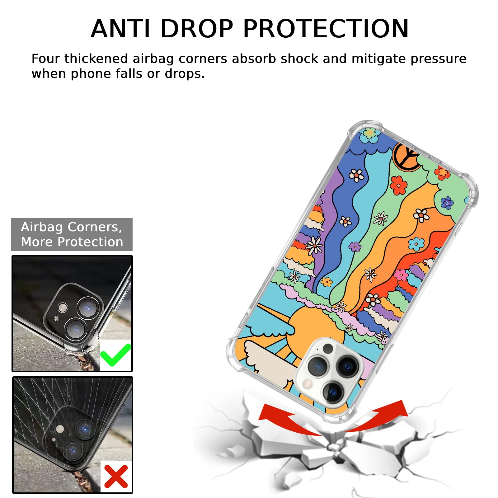 Vintage Hippie Flower Rainbow Sunshine Cloud Phone Case for iPhone 12 Pro Max - Retro Groovy Psychedelic TPU Bumper Cover, Shockproof & Anti-Scratch Protection - Perfect for Music Festivals, Beach Trips & Boho Style Lovers