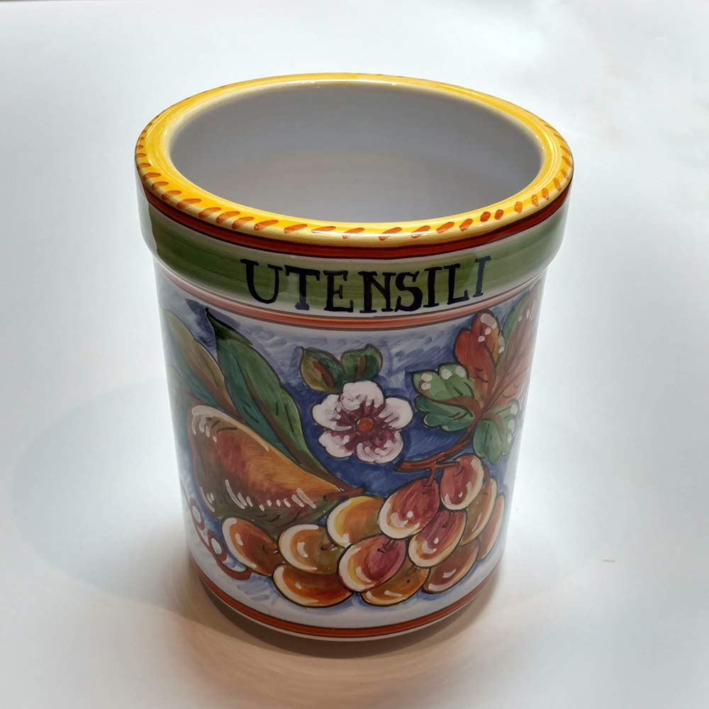 Hand Painted Bianco Fresco Utensil Holder From Italy - Elegant Kitchen Organizer for Spoons, Forks & Cooking Tools | Perfect for Farmhouse, Italian & Rustic Style Kitchens