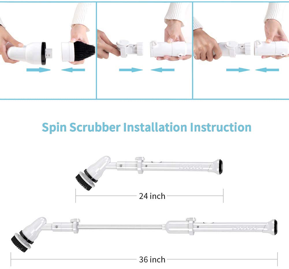 Cordless Electric Spin Scrubber - Power Cleaning Brush with Long Handle & 3 Replaceable Heads for Bathroom, Shower, Floor, Wall, Bathtub, Kitchen & Tile Cleaning - Perfect for Deep Cleaning Grout, Stains & Hard-to-Reach Areas (Black)
