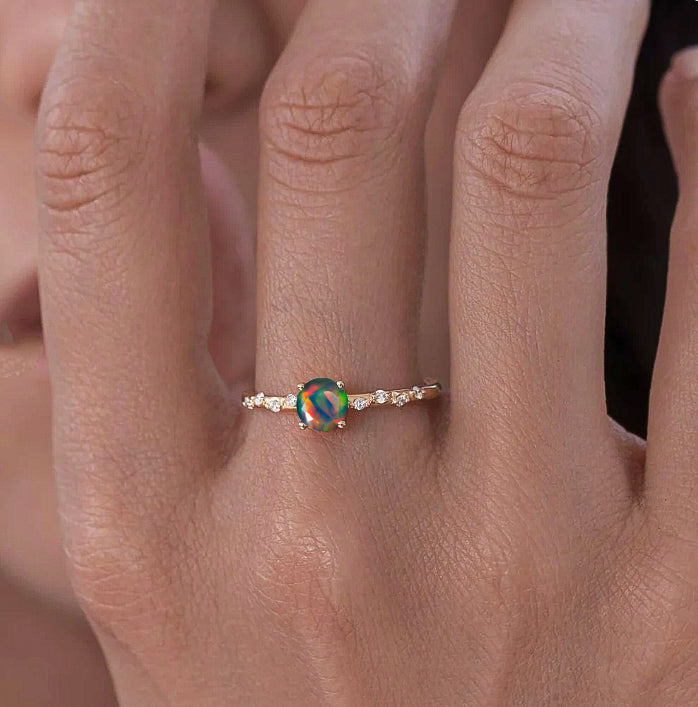 Natural Black Opal Round Stone Minimalist Solitaire Ring with Accent Diamonds | Elegant Wedding, Engagement & Everyday Jewelry for Women