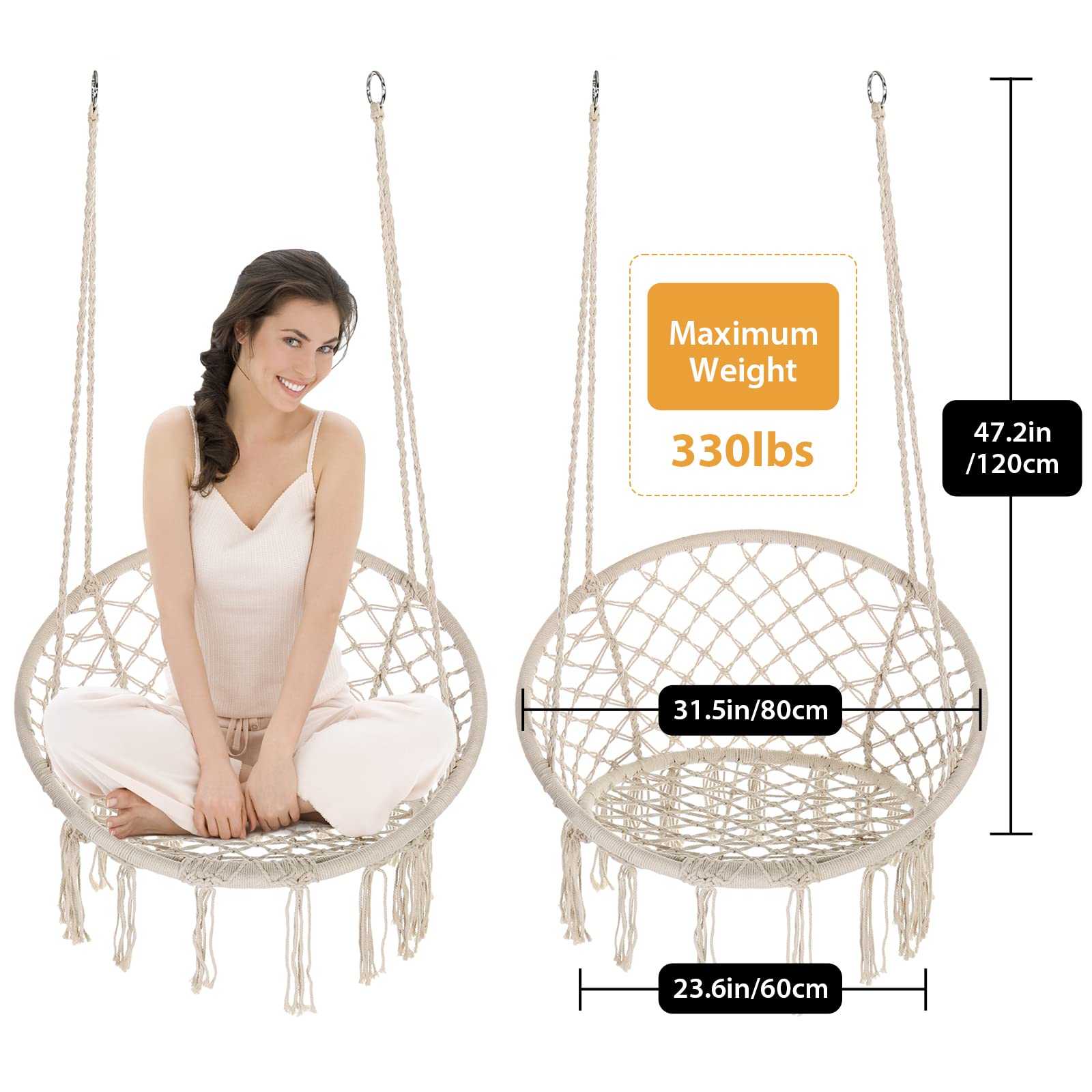 Bohemian Style Macrame Hammock Chair Swing Set of 2 - Handmade Knitted Cotton Rope Hanging Chair with Tassels for Indoor Outdoor Use (Bedroom, Patio, Garden) - Supports Max 330 lbs - Beige & Black - Perfect for Relaxation, Meditation and Boho Home Decor