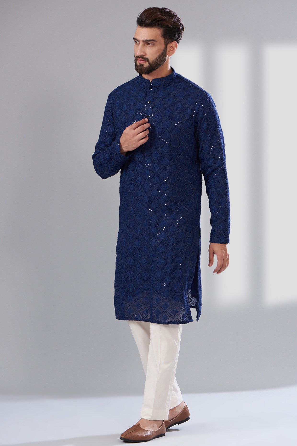 Elegant Navy Blue Chikankari Kurta for Women - Traditional Indian Embroidered Tunic Top - Perfect for Festivals, Weddings & Casual Wear