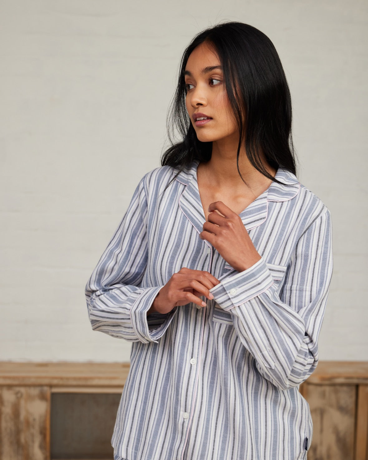 Organic Cotton Brushed Stripe Long Sleeve Pajama Set for Women - Soft & Comfortable Blue & White Sleepwear - Perfect for Lounge, Sleep & Relaxation at Home