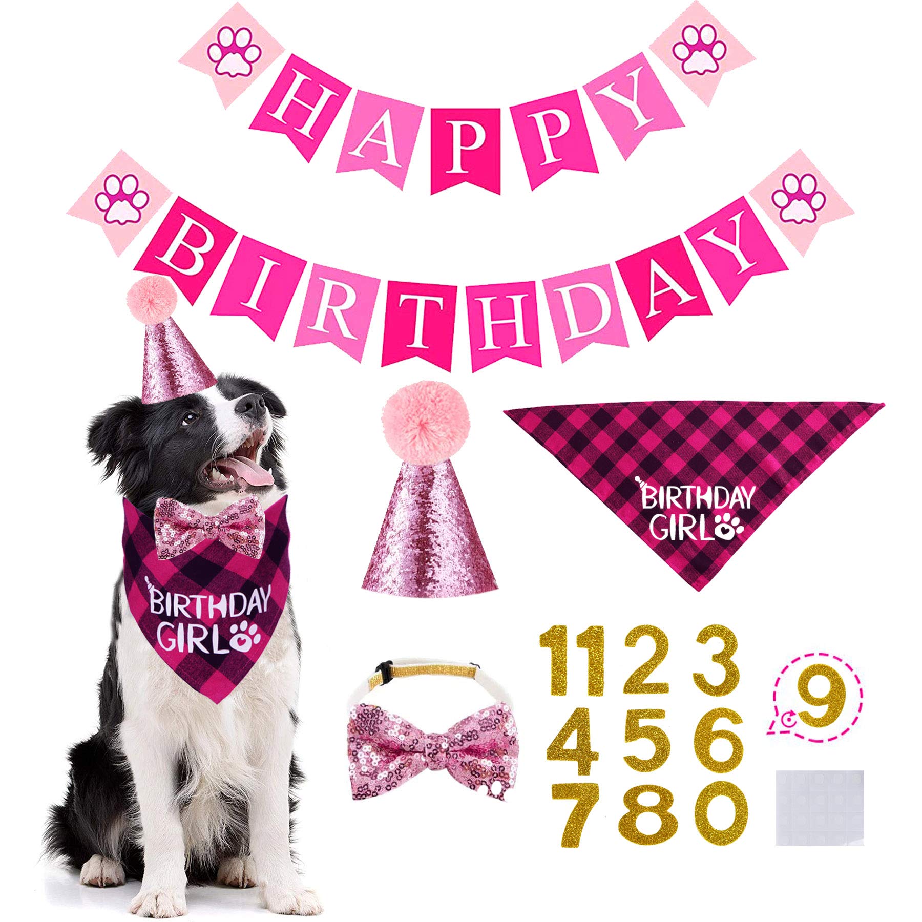STMK Dog Birthday Bandana & Party Set - Cute Triangle Scarf with Number Hat & Bowtie for Birthday Celebrations | Perfect for Dog Birthday Parties, Photo Shoots & Special Occasions (Pink)