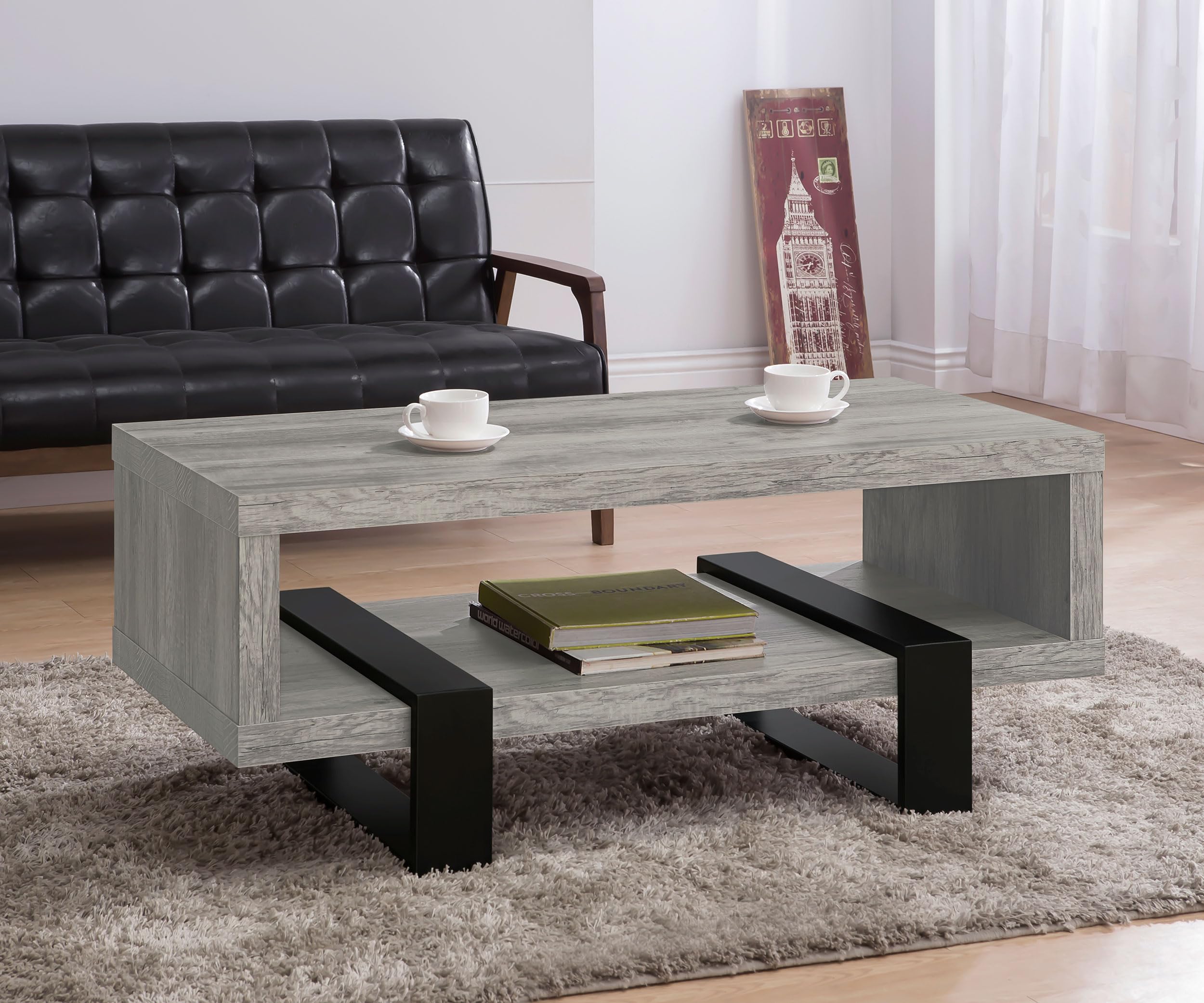 Coaster Home Furnishings Dinard Modern Coffee Table - Engineered Wood with Geometric Legs & Open Shelf - Contemporary Living Room Furniture in Driftwood Finish - Perfect for Small Spaces, Apartments and Cozy Home Decor