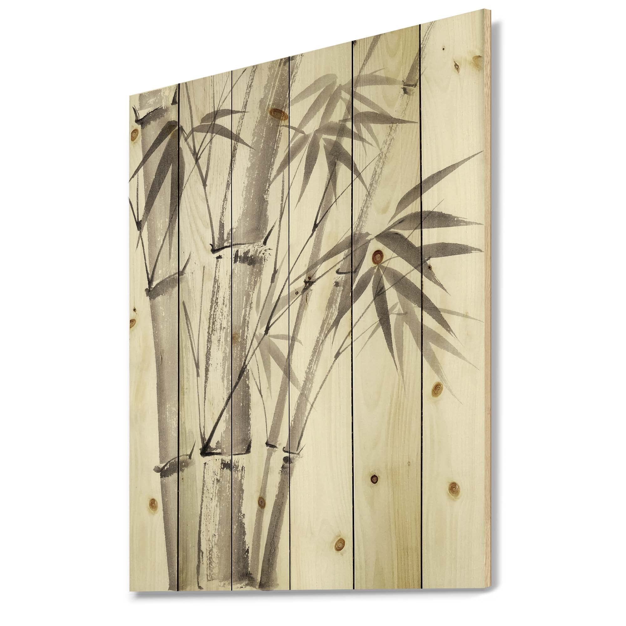 DesignQ Palm Bamboo Detail III Traditional Wood Wall Decor - Grey Floral Wood Art Panel, Large Natural Pine Wood Wall Hanging for Living Room, Bedroom & Office Decor