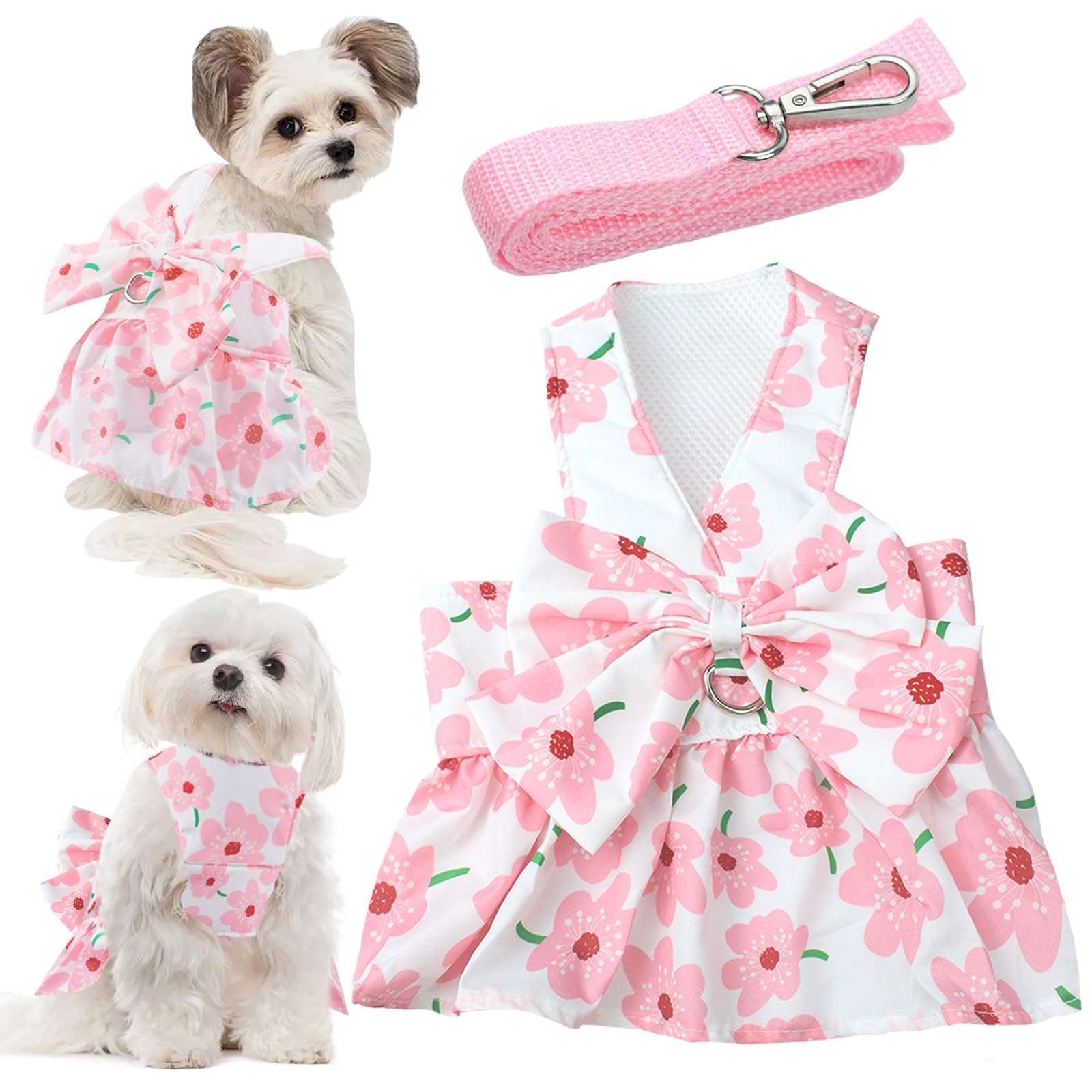 Pink Floral Dog Dress with Bowknot Harness & Leash Set - Cute Puppy Outfits for Small Girl Dogs | Breathable Spring Summer Pet Clothes | Perfect for Daily Walks, Pet Parties & Photo Shoots (Medium)