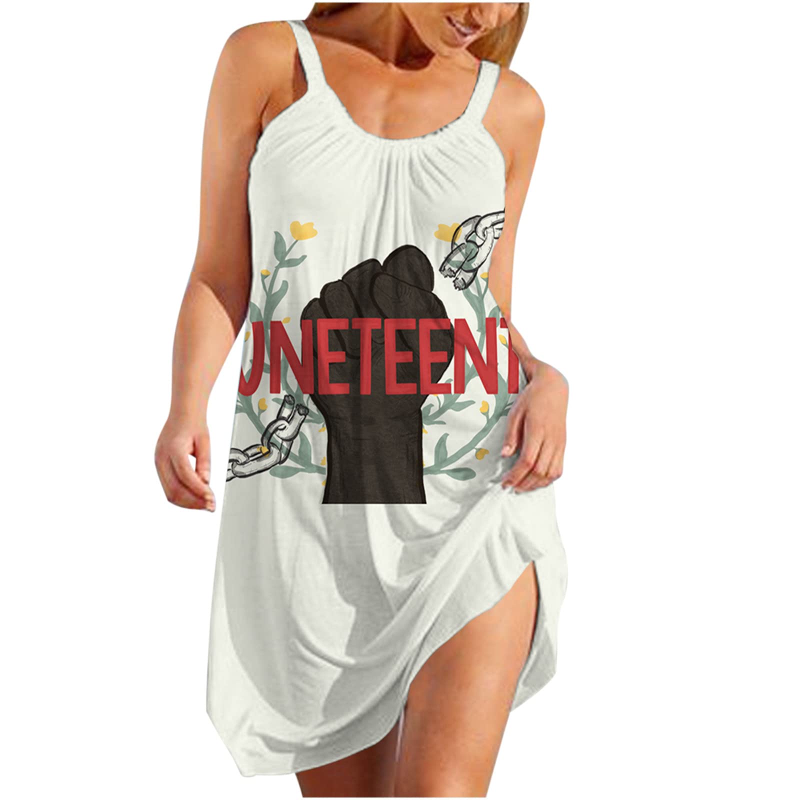 1865 Juneteenth Women's Summer Dress - Sleeveless Crewneck Mini Sun Dress with Letter Print Hem & Strap | Perfect for Beach, Picnic & Juneteenth Celebrations