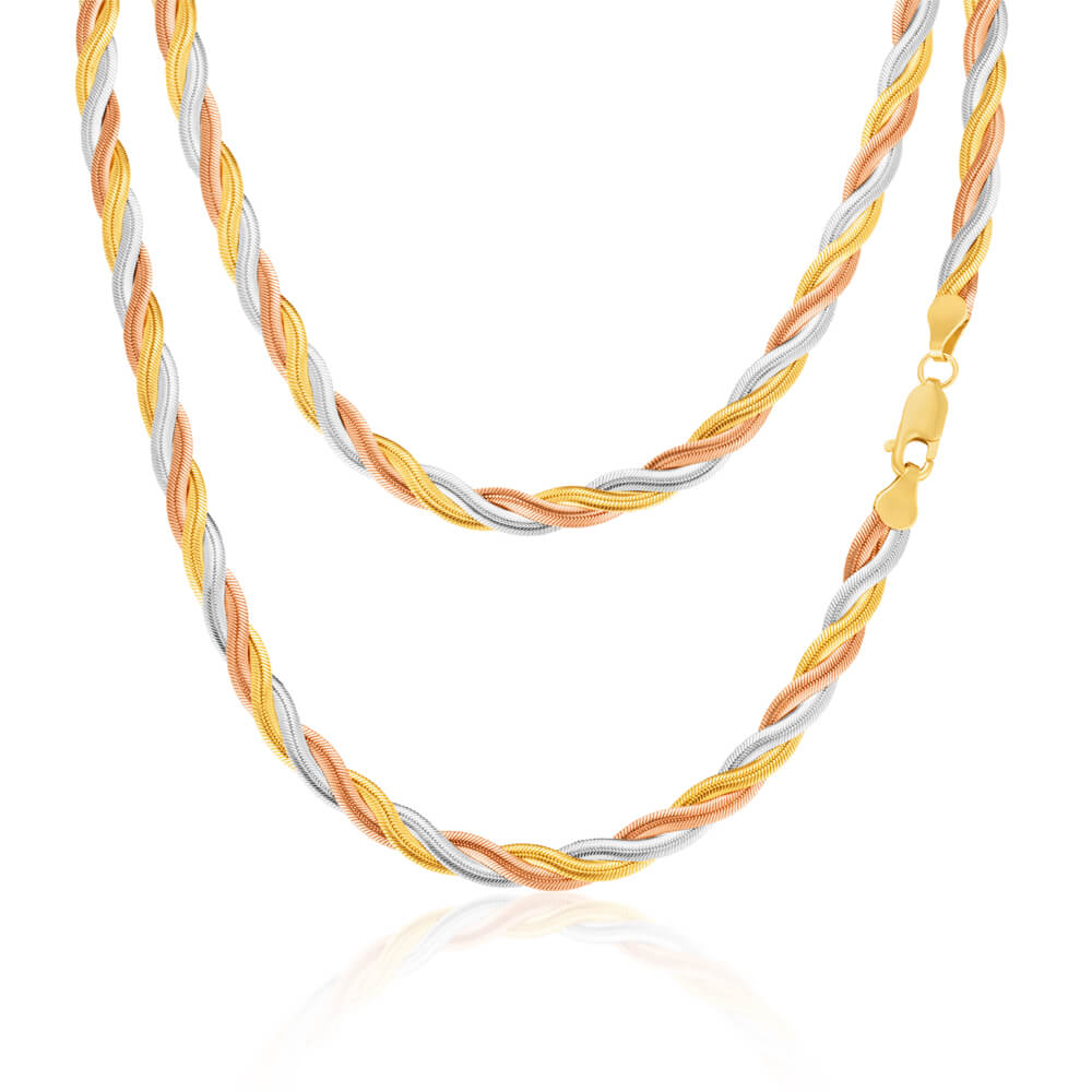 9ct Three Tone Gold Silver Filled Braided Herringbone Chain 45cm - Elegant Necklace for Women, Perfect for Daily Wear, Parties & Special Occasions