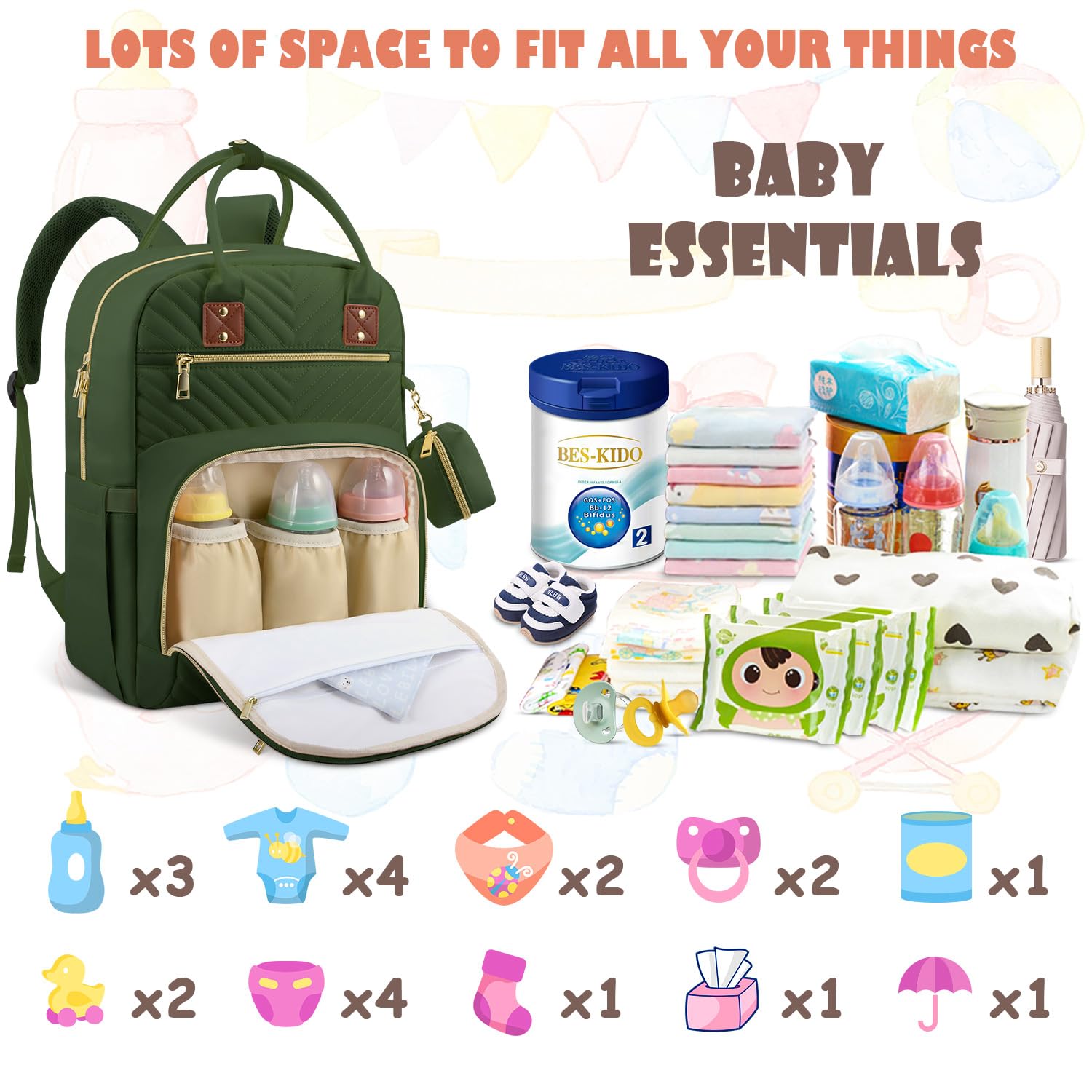 Baby Diaper Backpack - Large Capacity Travel Diaper Bag for Boys & Girls - Waterproof Baby Changing Bag with Multiple Pockets - Perfect for Daycare, Outings & Travel (Army Green)