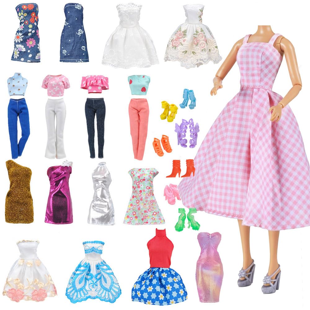 15-Piece Fashion Doll Clothes & Shoes Set - 5 Outfits & 10 Pairs of Shoes for Girl Dolls (Casual Wear + Skirts) - Perfect for Playtime, Dress-Up & Collecting