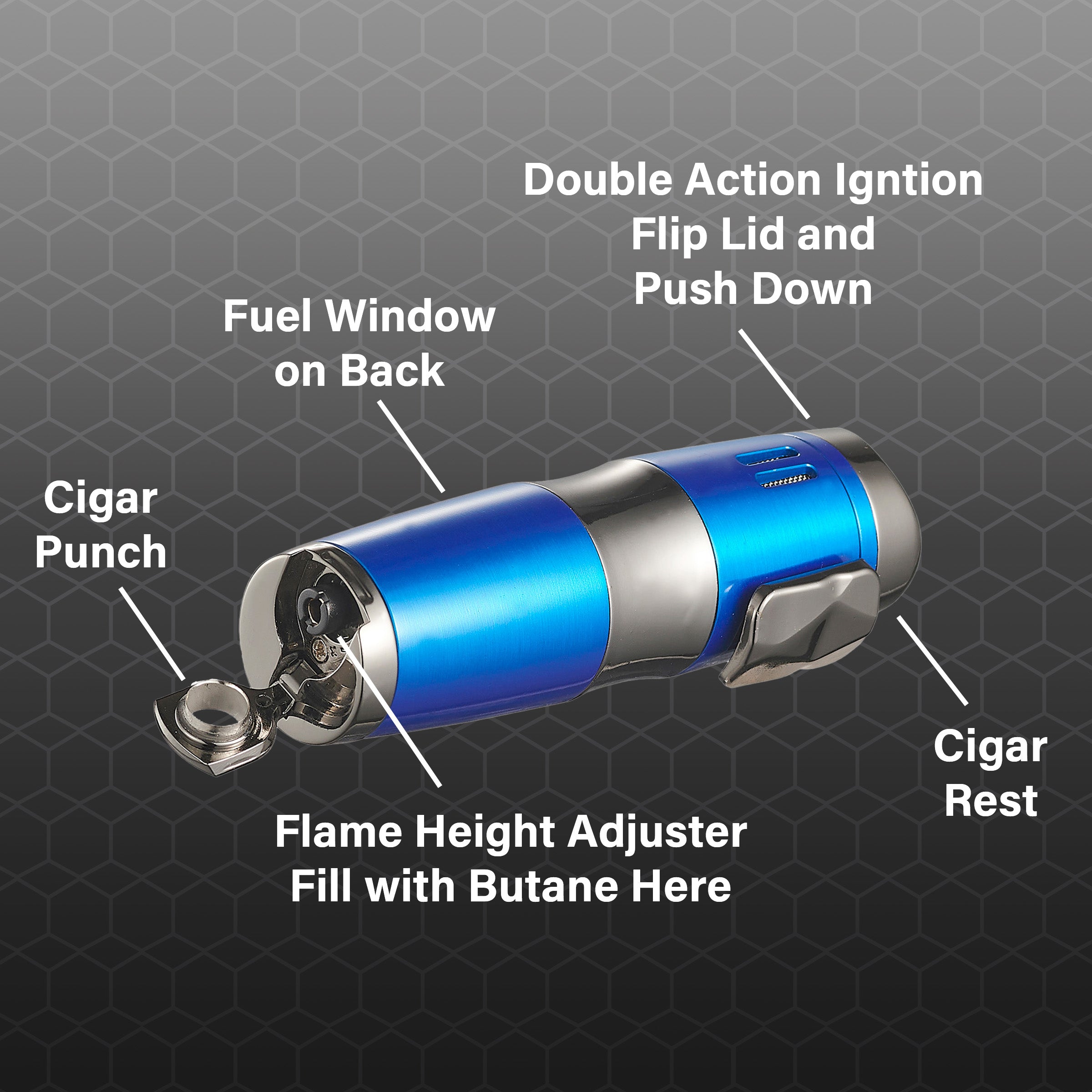 Visol Epicron Triple Flame Blue Cigar Lighter - Windproof Butane Torch for Cigars, Cigarettes & Outdoor Use - Perfect for Smoking, Camping & BBQ Accessories