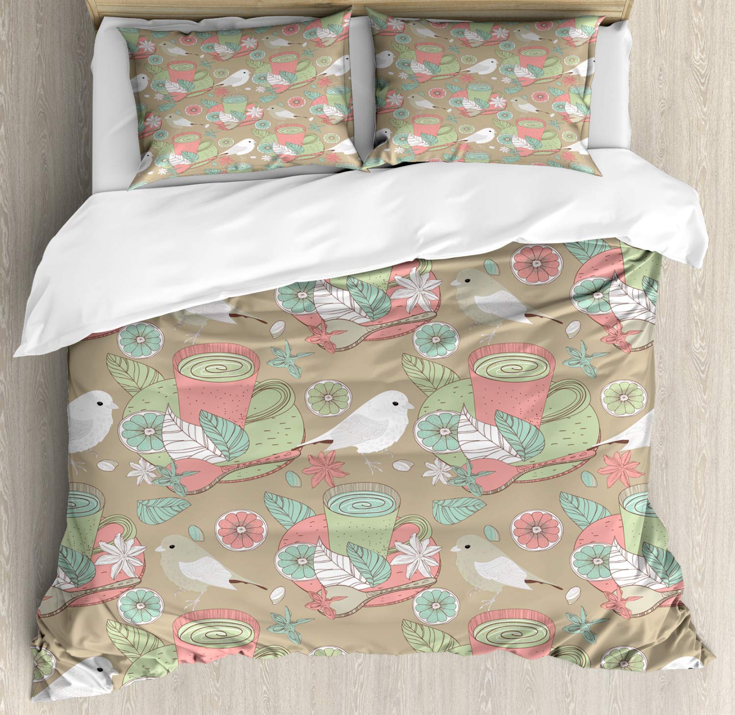 Ambesonne Natural Duvet Cover Set - King Size 3 Piece Bedding with 2 Pillow Shams | Vintage Tea Cup Floral Design with Birds, Lemons & Leaves in Pale Green Blush Retro Colors | Perfect for Bohemian Bedroom Decor, Guest Room Makeover & Cozy Farmhouse Style