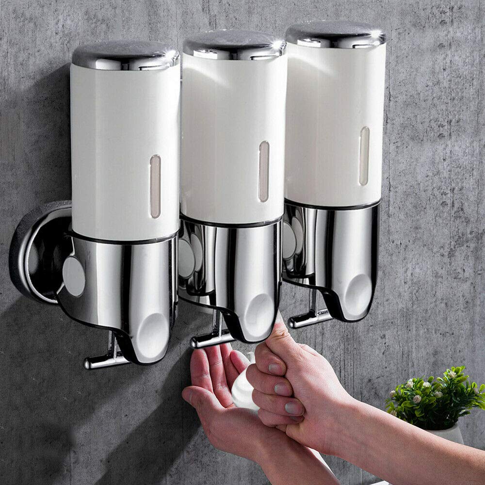 BJTDLLX 3×500ml Triple Chamber Soap Dispenser - Wall Mounted Shampoo, Conditioner & Gel Organizer with Large Capacity Pump Bottles for Bathroom, Hotel & Kitchen (White) - Perfect for Spa, Salon & Home Use