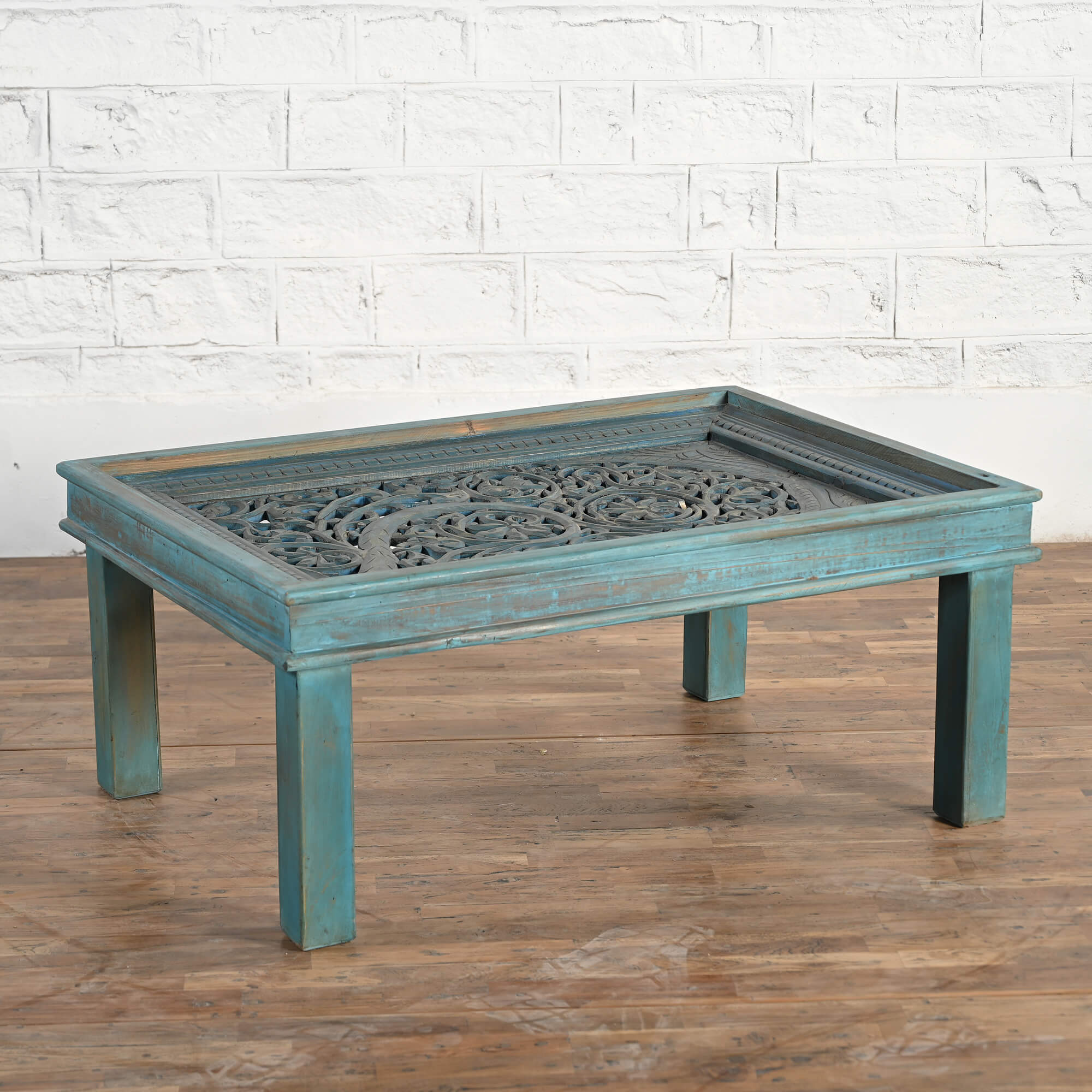 Hand Carved Indian Jali Coffee Table - Reclaimed Wood Furniture for Living Room, Boho Home Decor & Modern Interior Design