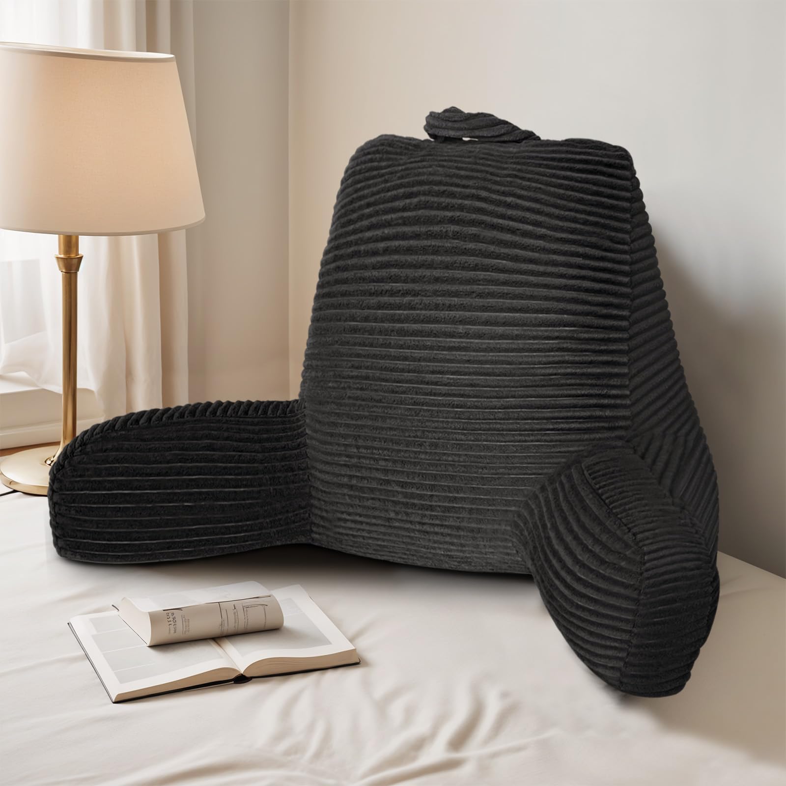 **Memory Foam Reading Pillow for Adults - Large Black Bed Pillow with Arms & Pockets - Plush Microfiber Cover for Comfort - Perfect for Reading, Watching TV, or Relaxing in Bed**