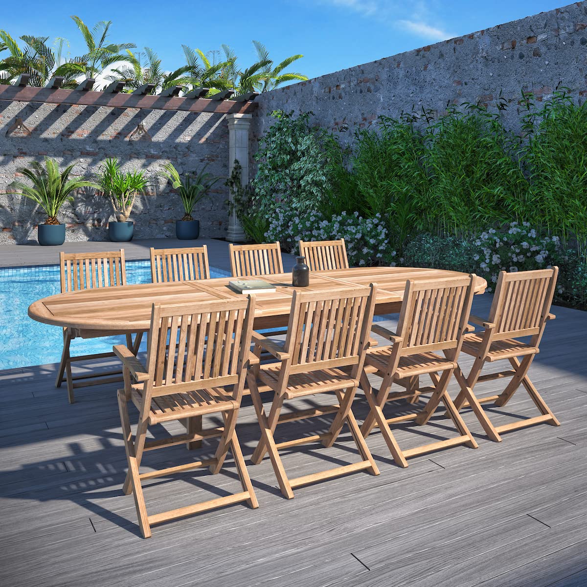 Amazonia London 2-Piece Certified Teak Patio Folding Armchair Set - Outdoor Garden Furniture for Poolside, Deck, and Backyard Relaxation