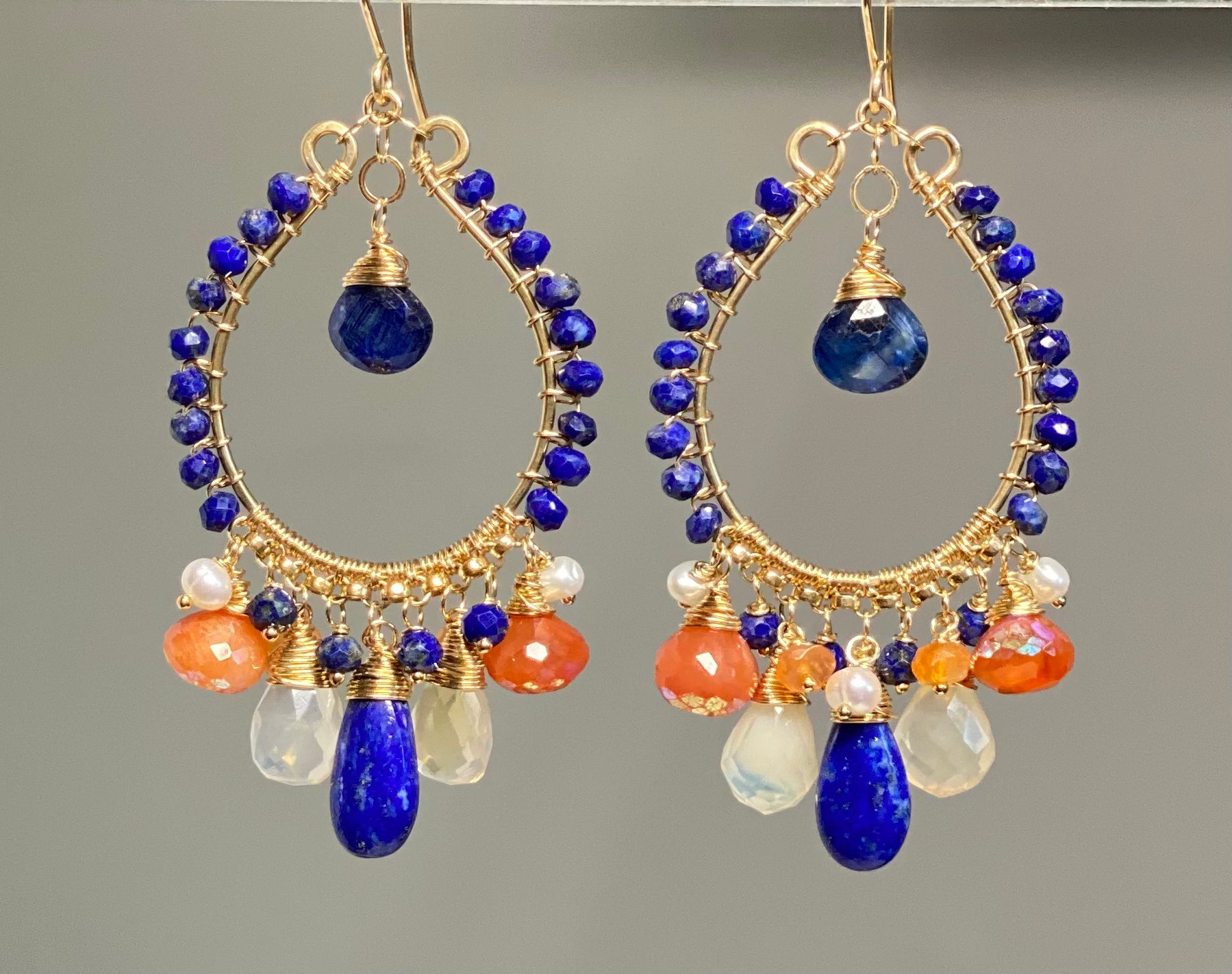 Blue Lapis Gold Fill Hoop Earrings with Mystic Carnelian & Fire Opal - Elegant Boho Jewelry for Women, Perfect for Parties, Weddings & Everyday Wear