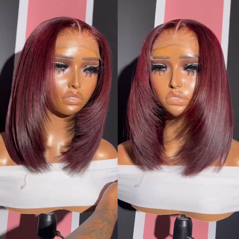 Eullair Wine Red Highlight Straight Skunk Stripe Human Hair Bob Wig - Short Layered Cut, Pre Plucked, Glueless, for Women | Perfect for Cosplay, Parties, and Daily Wear