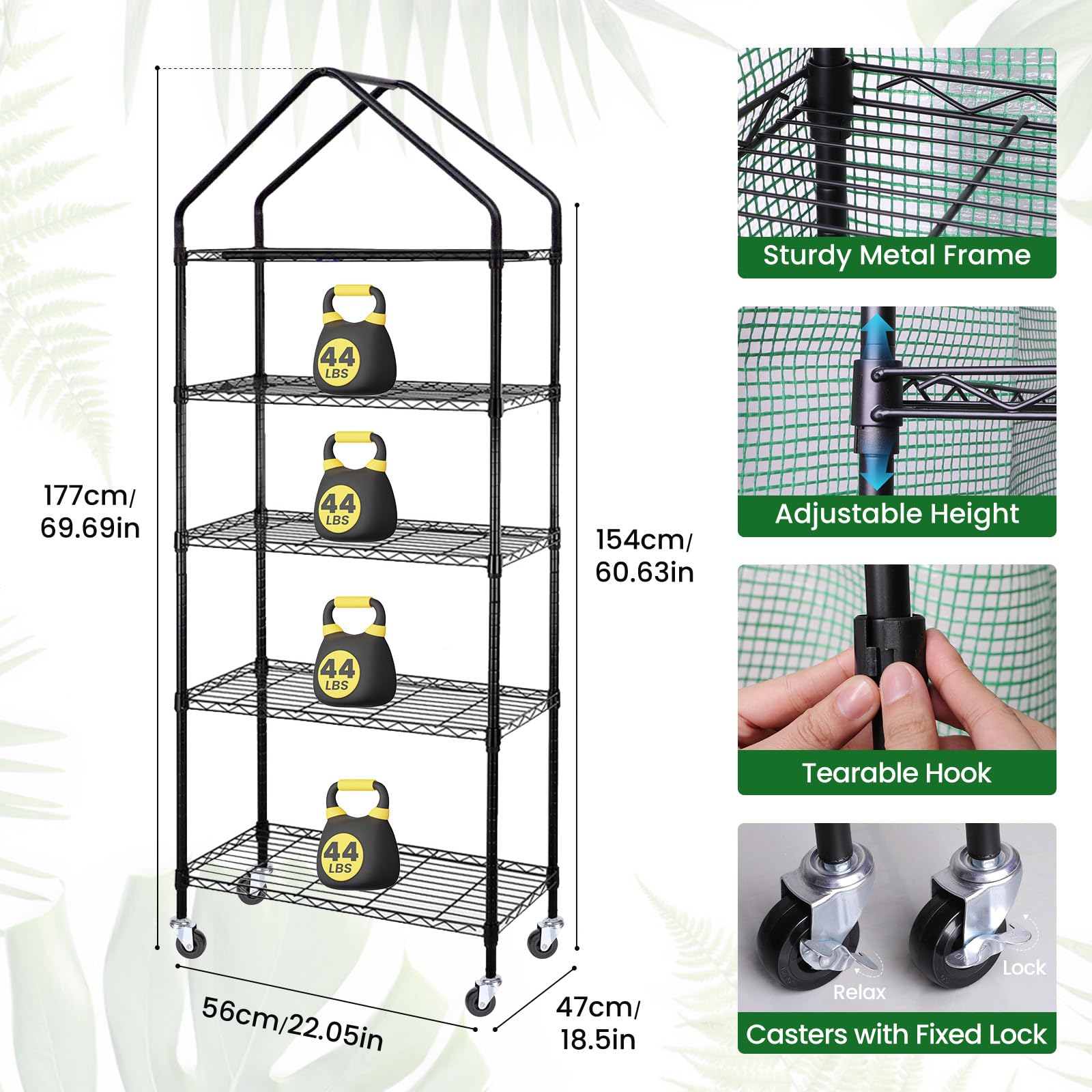 4-Tier Indoor Greenhouse with 36W Grow Lights & Adjustable Shelves - Portable Plant Stand with PVC Cover for Seed Starting, Seedling Growth & Hydroponics - Easy Assembly (69.6