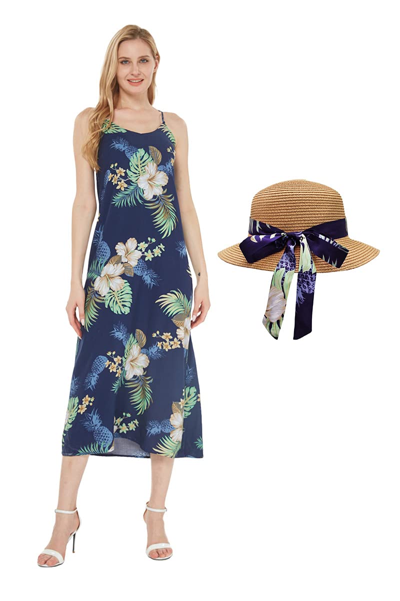 Women's Hawaiian Luau Pineapple Print Maxi Dress - Navy Blue Sweetheart Neckline for Beach Party, Summer Vacation & Tropical Getaway