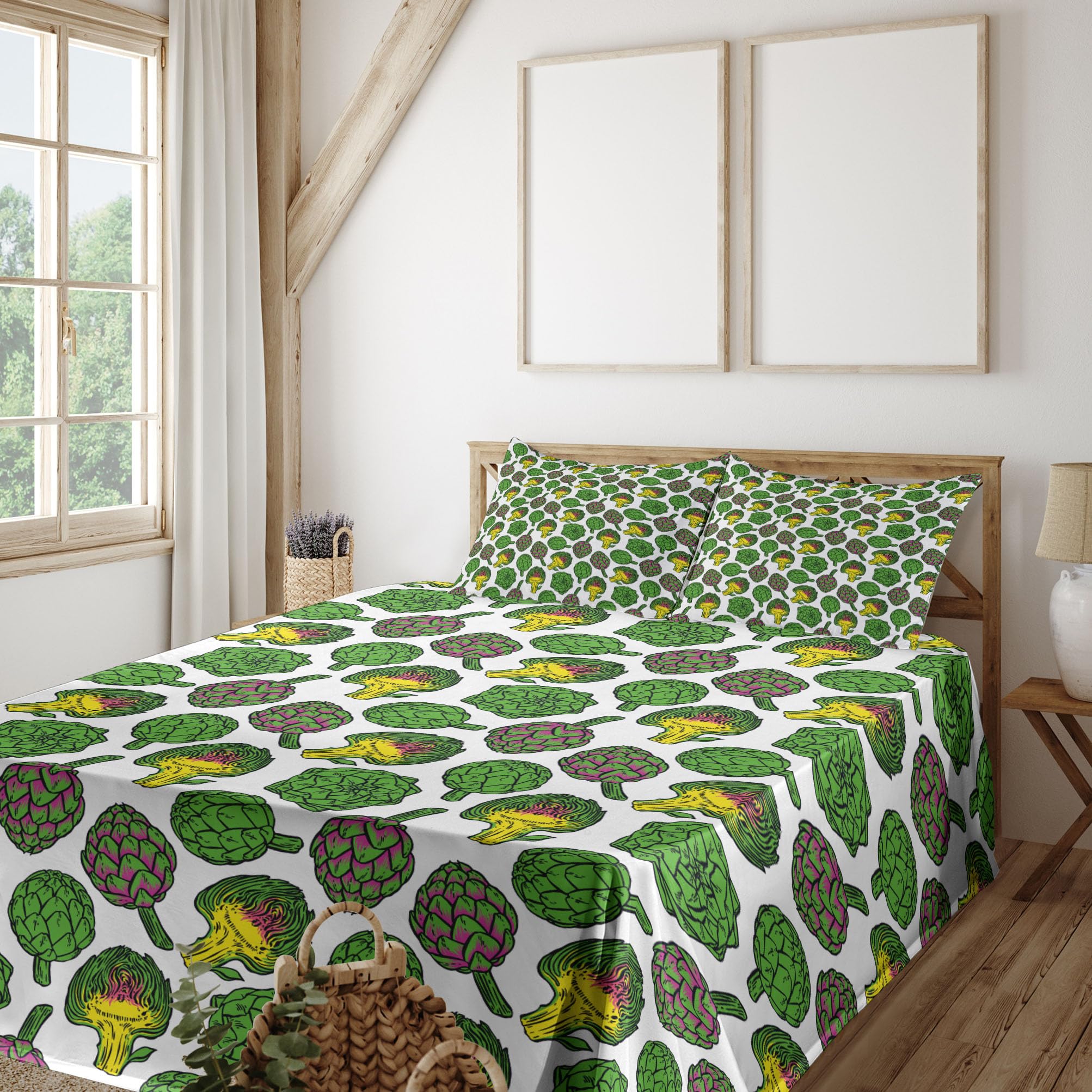 Ambesonne Artichoke 4-Piece King Size Sheet Set - Vivid Yellow & Fern Green Artichoke Print, Fitted & Flat Sheets with Pillowcases | Vegan-Friendly Cooking & Grocery Themed Bedding | Perfect for Farmhouse, Kitchen-Themed, or Vegan Lifestyle Home Decor