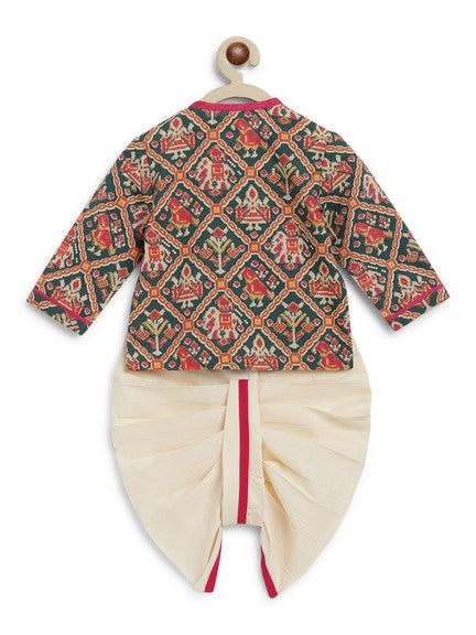 Baby Boy Cotton Dhoti Kurta Set - Green Patola Print | Comfortable Traditional Indian Outfit for Festivals & Special Occasions