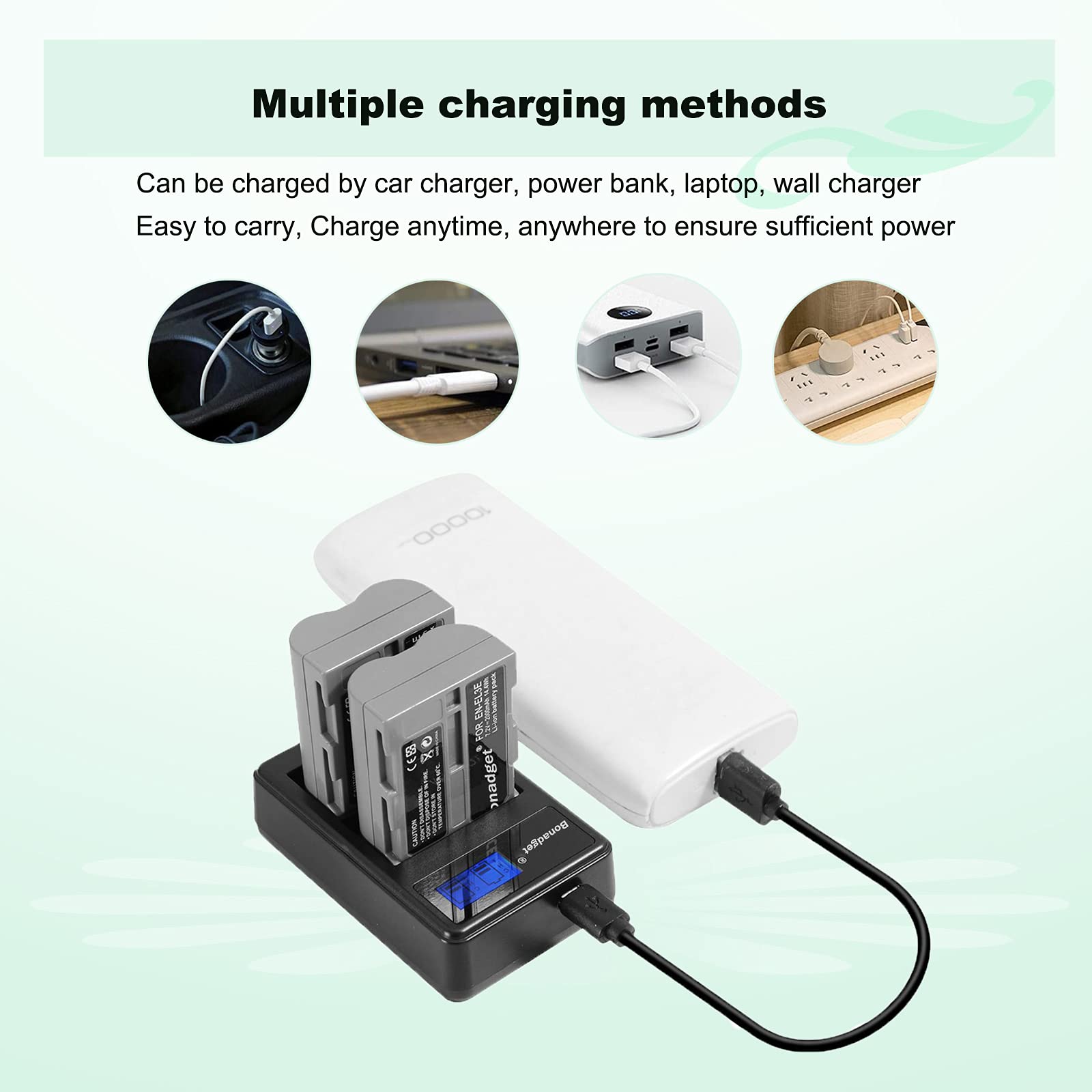 Bonadget 2 Pack 2000mAh EN-EL3 EN-EL3A Replacement Battery and LCD Dual Charger for Nikon D700 D90 D300S D300 D200 D80 D50 D70S D70 D100 D900 Digital Cameras - Perfect for Travel Photography & Professional Shooting