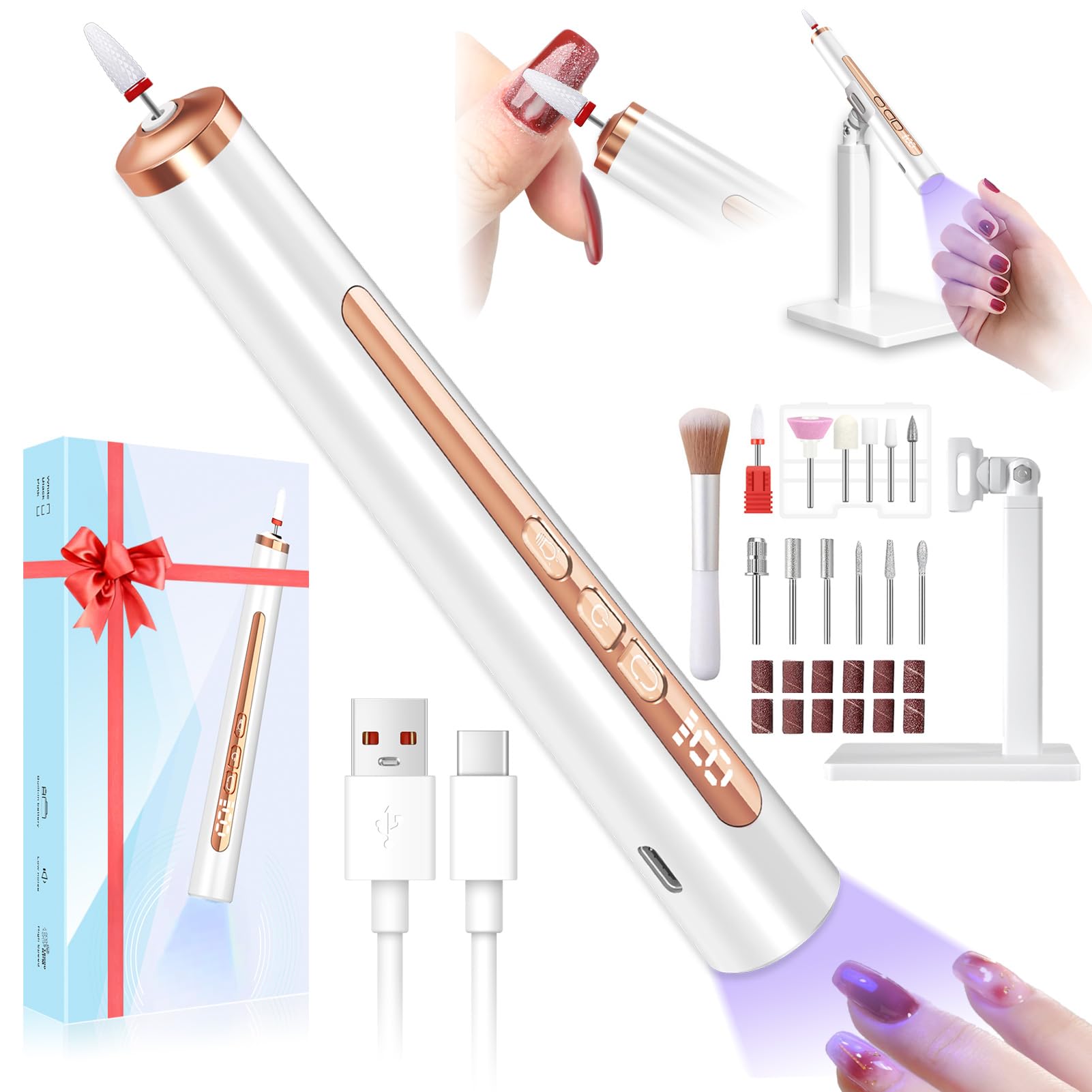 Professional Cordless Electric Nail Drill Kit with UV Light - Rechargeable Portable Nail File for Acrylic, Gel, Manicure & Pedicure - Perfect for Salon & Home Use - DIY Nail Art & Professional Nail Care Solution