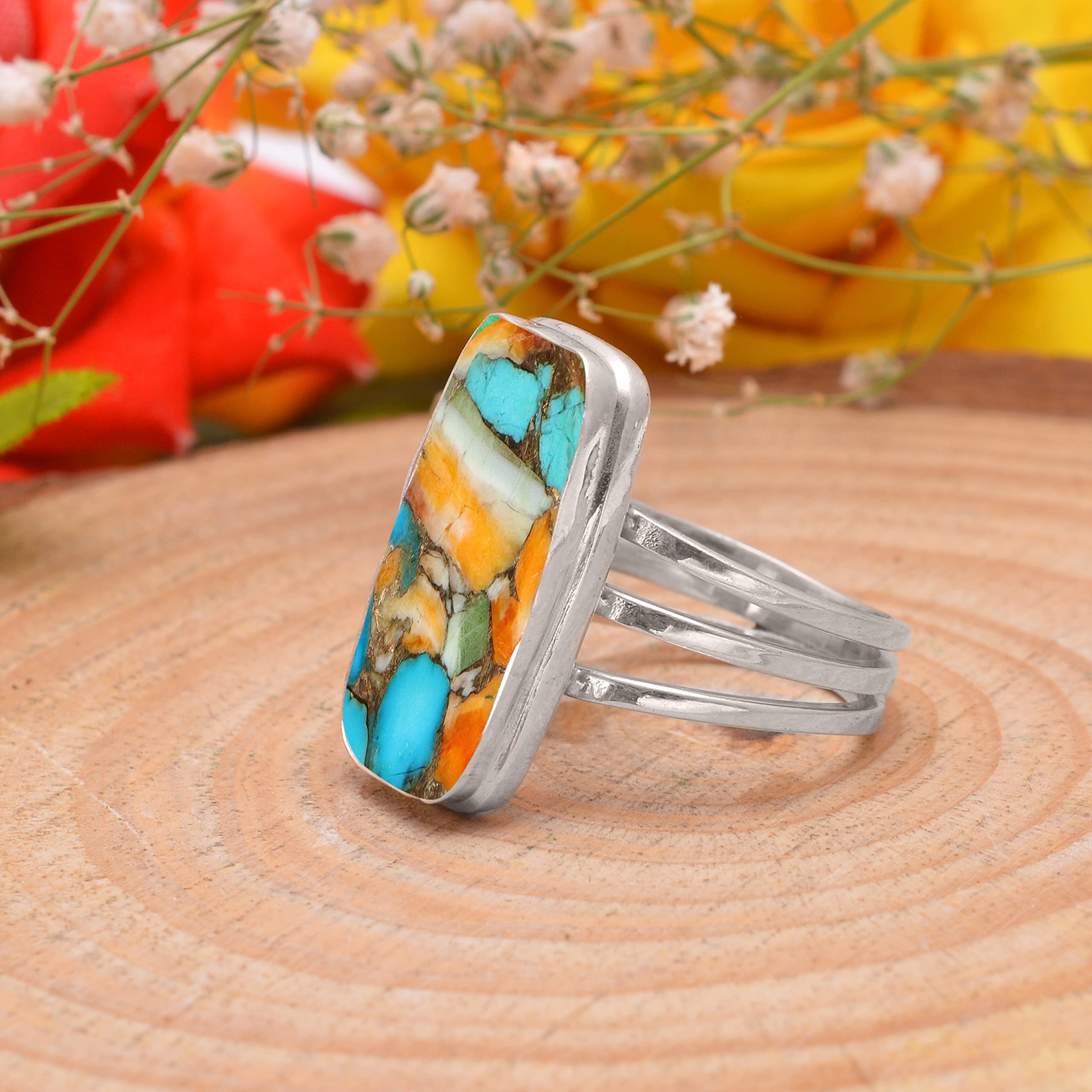 Veracity Jewelry 925 Sterling Silver Oyster Copper Turquoise Rings for Women - Kingman Mojave Mohave Spiny Oyster Healing Meditation Jewelry - Multi-Color Turquoise Ring (VSR-813) - Perfect for Boho Fashion, Spiritual Healing & Gift Giving