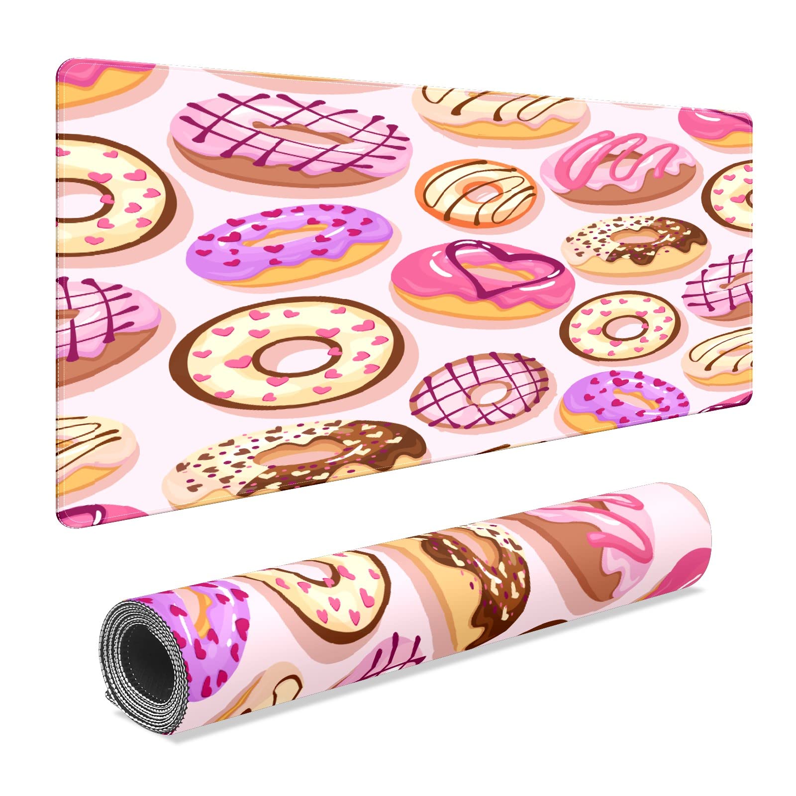 Pink Donut Cream Cake Extended Gaming Mouse Pad - Large Non-Slip Rubber Base Keyboard Mat with Stitched Edges (35.4