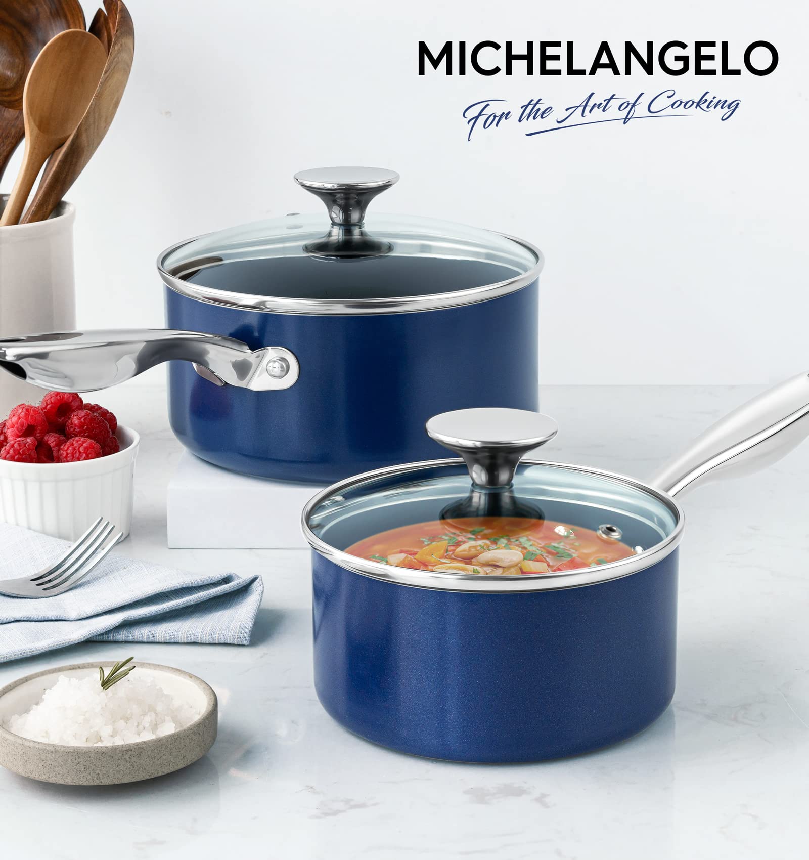 MICHELANGELO 1Qt & 2Qt Ceramic Nonstick Saucepan Set with Lids - Stainless Steel Handle, Oven Safe Cookware (Blue) - Perfect for Boiling, Simmering & Sauce Making in Home Kitchens