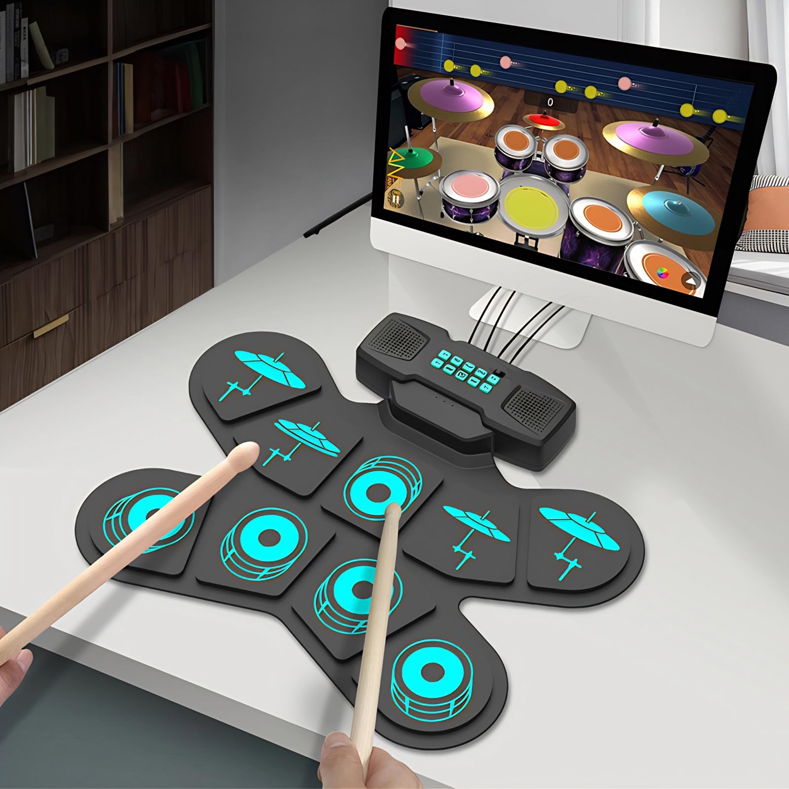 Electronic Drum Set - 9-Pad Roll Up Electric Drum Kit with Headphone Jack & Built-in Speaker | Portable Practice Drum Pad with Digital Pedals & Drum Sticks | Perfect for Beginners, Home Practice & Holiday Birthday Gifts | Great for Small Spaces, Apartments & Noise-Free Music Training
