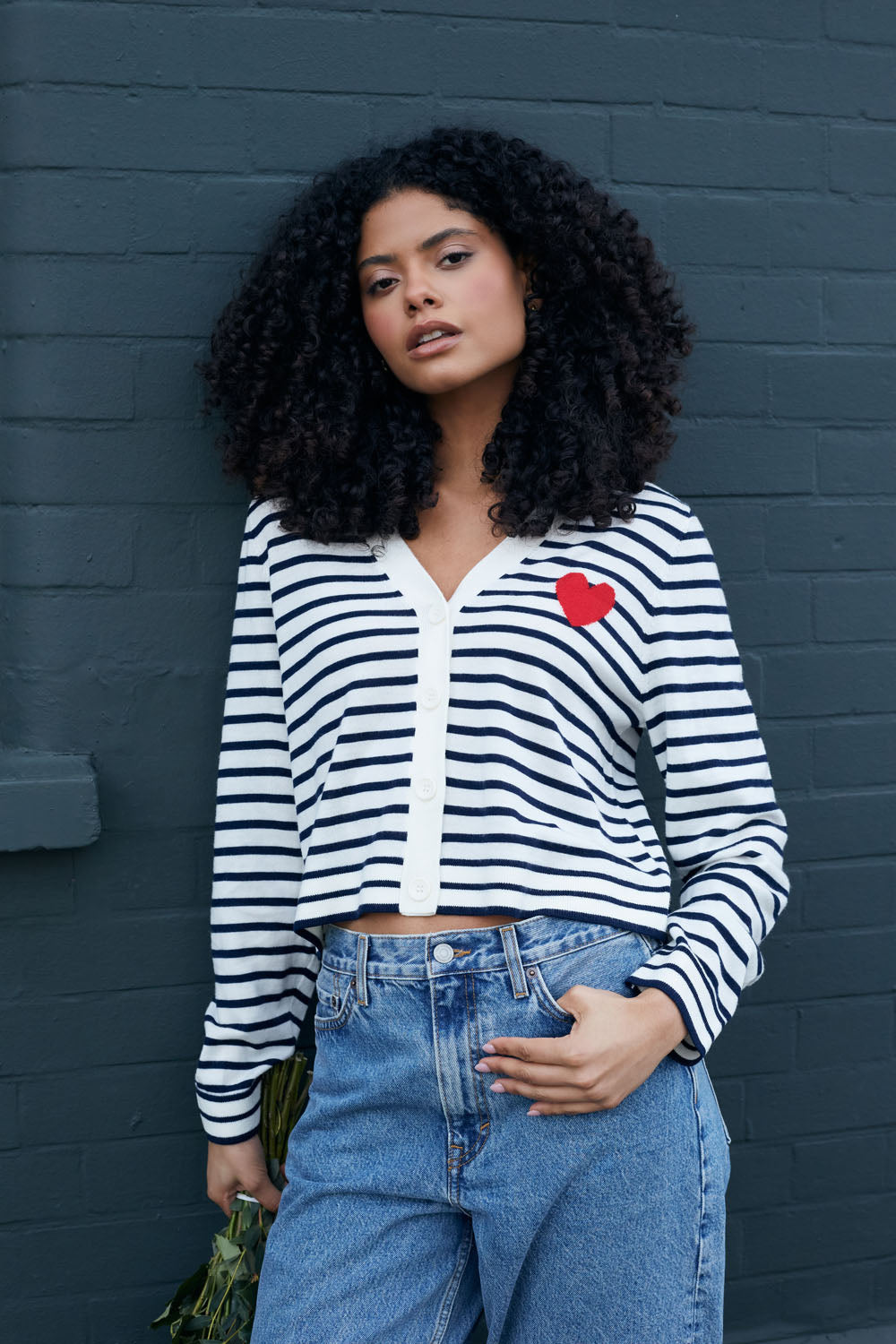 Navy Blue Merino Wool Heart Print Breton Cardigan for Women - Cozy Winter Sweater for Casual Outfits & Date Nights