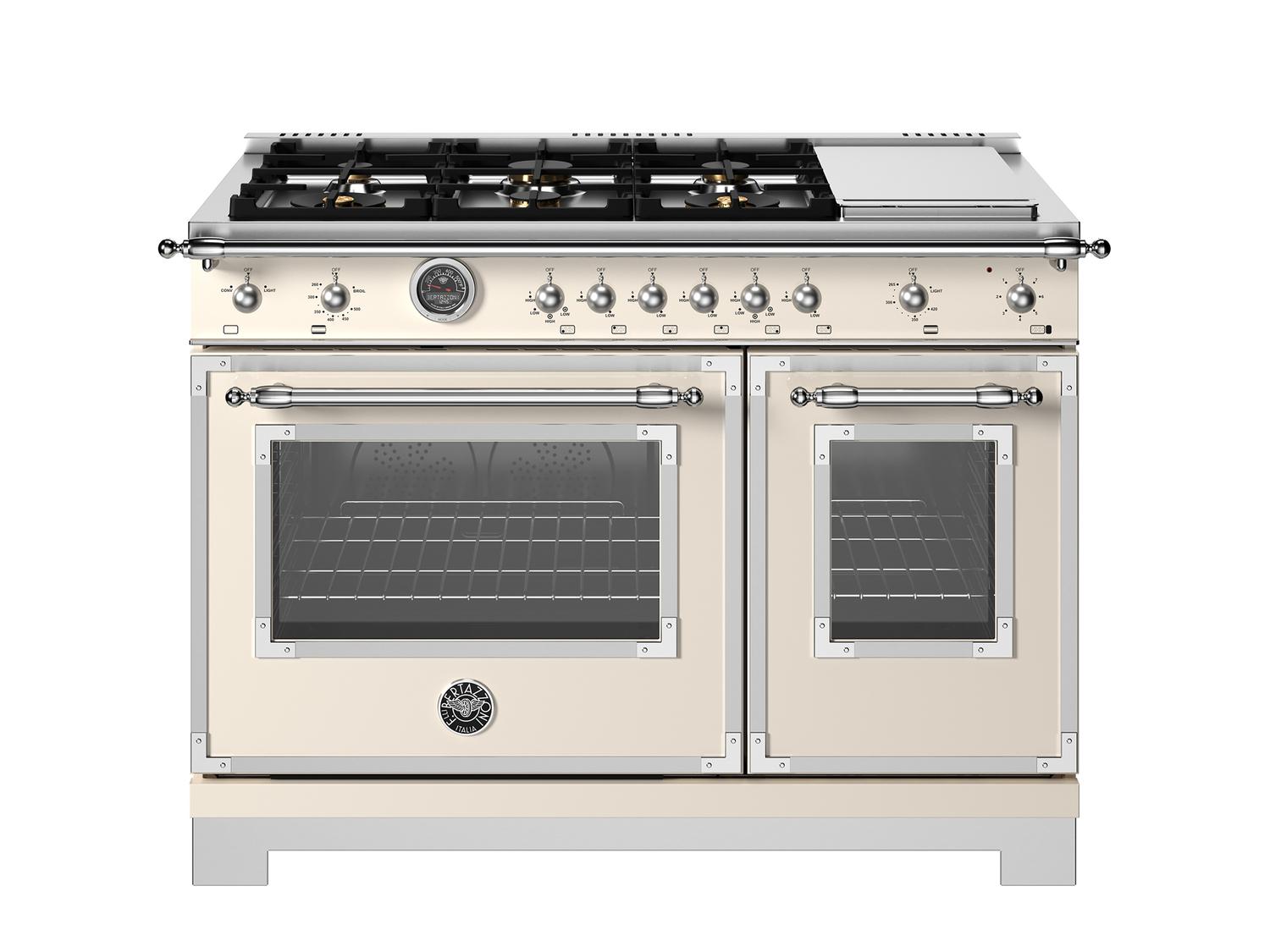 Bertazzoni HER486BTFGMAVT 48 Inch Professional Gas Range with 6 Brass Burners & Griddle in Avorio - Perfect for Home Chefs & Commercial Kitchens