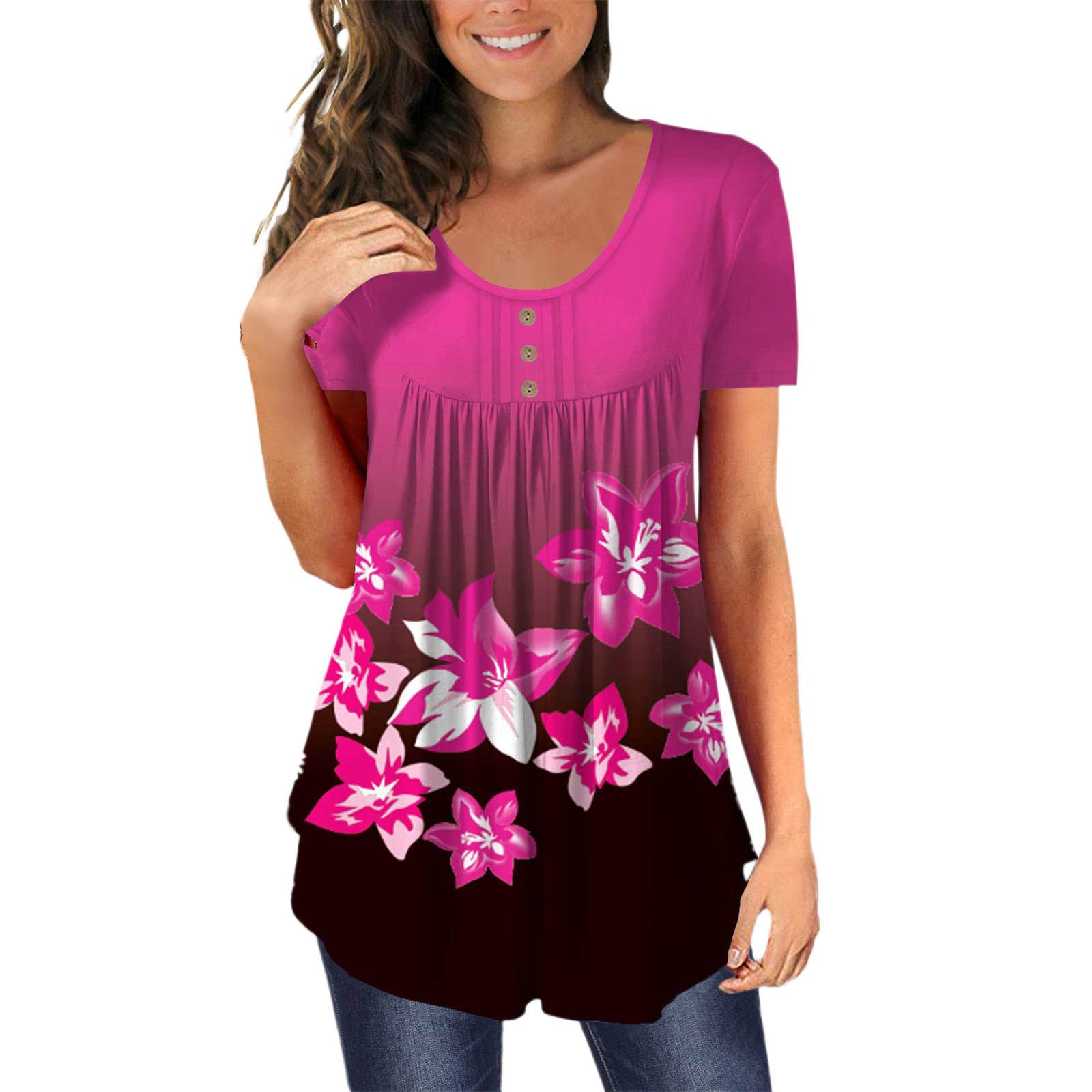 Plus Size Women's Casual Printed Loose Button Tunic Top - Flowy O-Neck Blouse for Work & Everyday Wear | Comfortable Scrub Top for Nurses & Healthcare Professionals