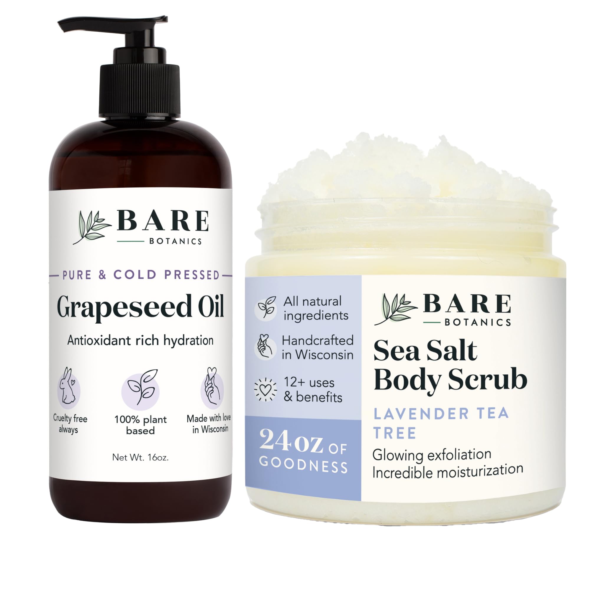 Bare Botanics Organic Grapeseed Hair & Body Oil with Lavender Tea Tree Body Salt Scrub Set - Hydrating Moisturizer for Dry Skin & Hair Care - Perfect for Spa Day, Relaxation & Self-Care Routine