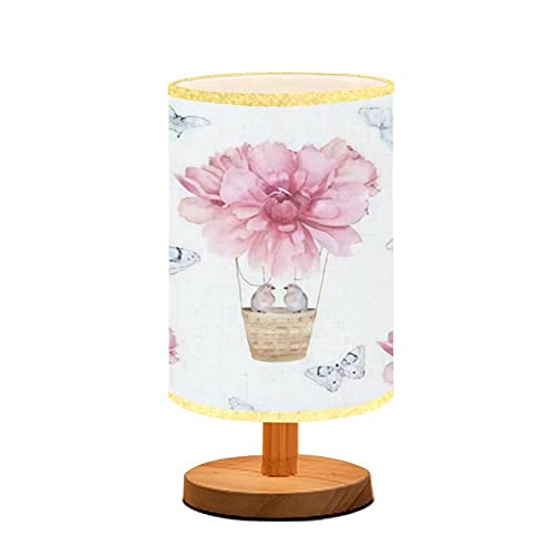 Pink Minimalist Wooden Nightstand Lamp with Flaxen Fabric Shade - Watercolor Balloon & Butterfly Design Bedside Table Light for Bedroom, Living Room, Nursery - Perfect for Breastfeeding, Reading & Relaxing