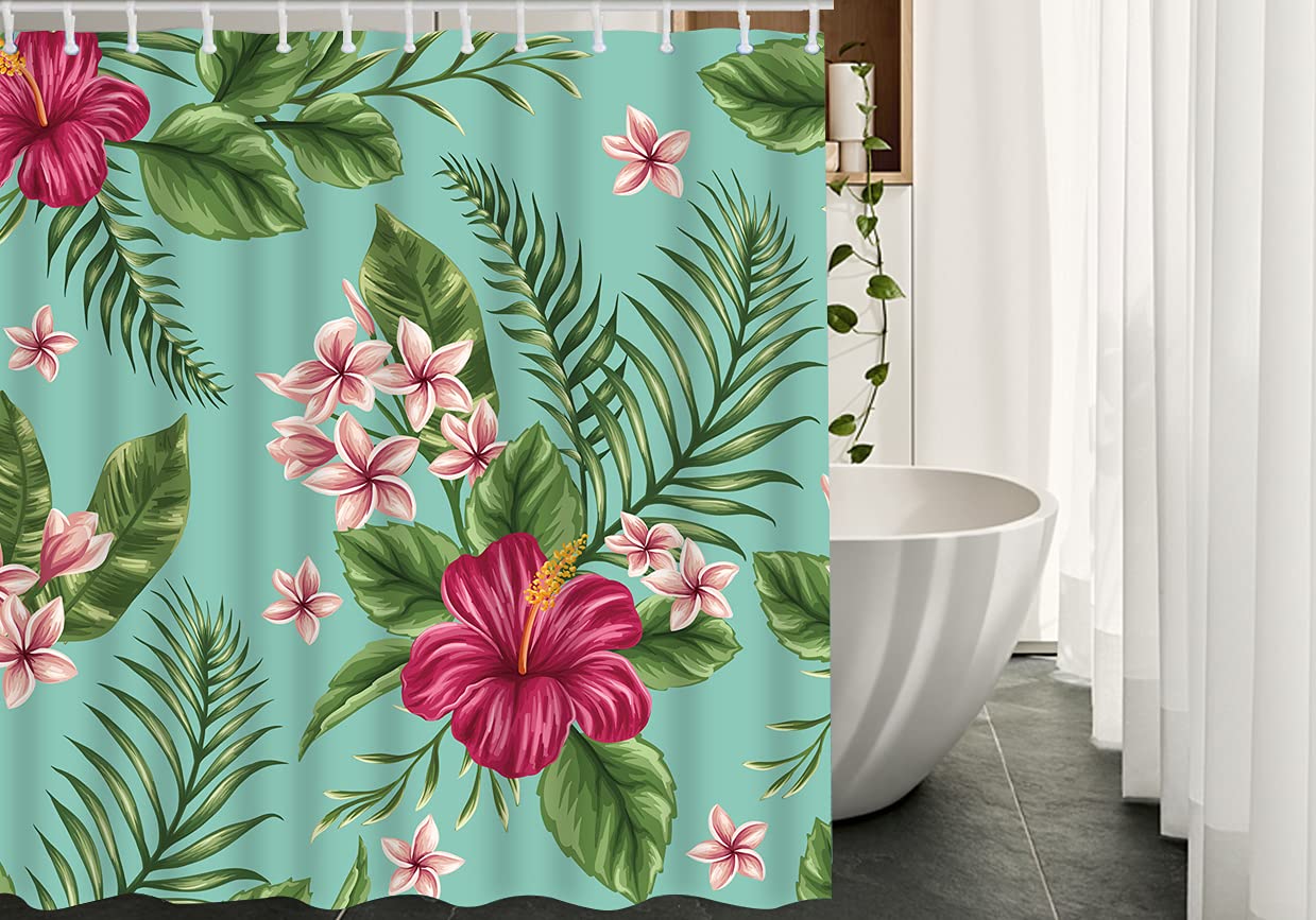 WONDERTIFY Tropical Floral Shower Curtain - 72x84 Inch Waterproof Bathroom Decor with Hawaiian Plumeria & Hibiscus Print, Exotic Jungle Palm Leaf Design - Perfect for Beach House, Vacation Rental or Boho Bathroom Makeover