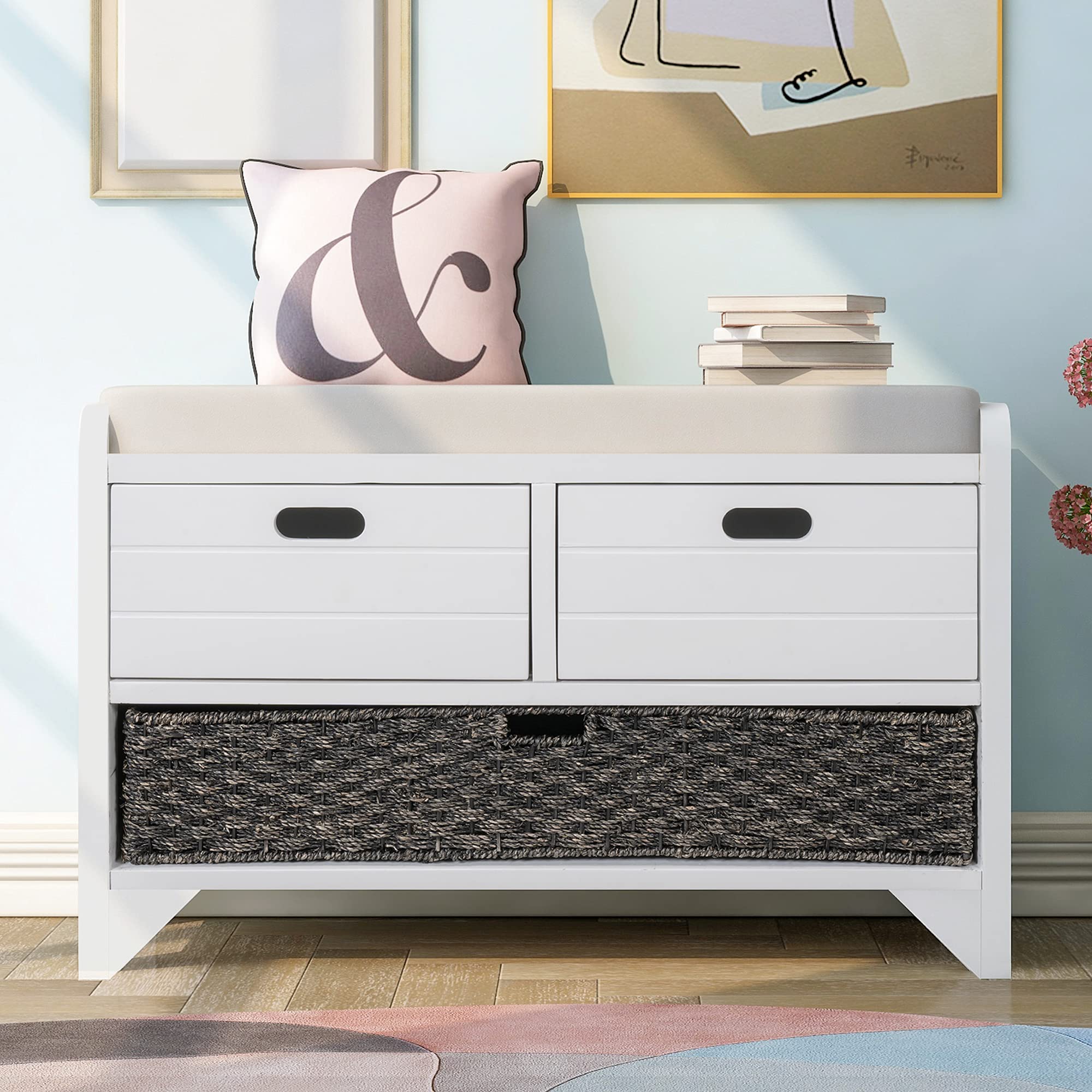 Merax 2-Drawer Storage Bench with Removable Basket & Cushion - Fully Assembled Entryway Shoe Bench for Hallway, Bedroom & Living Room Organization