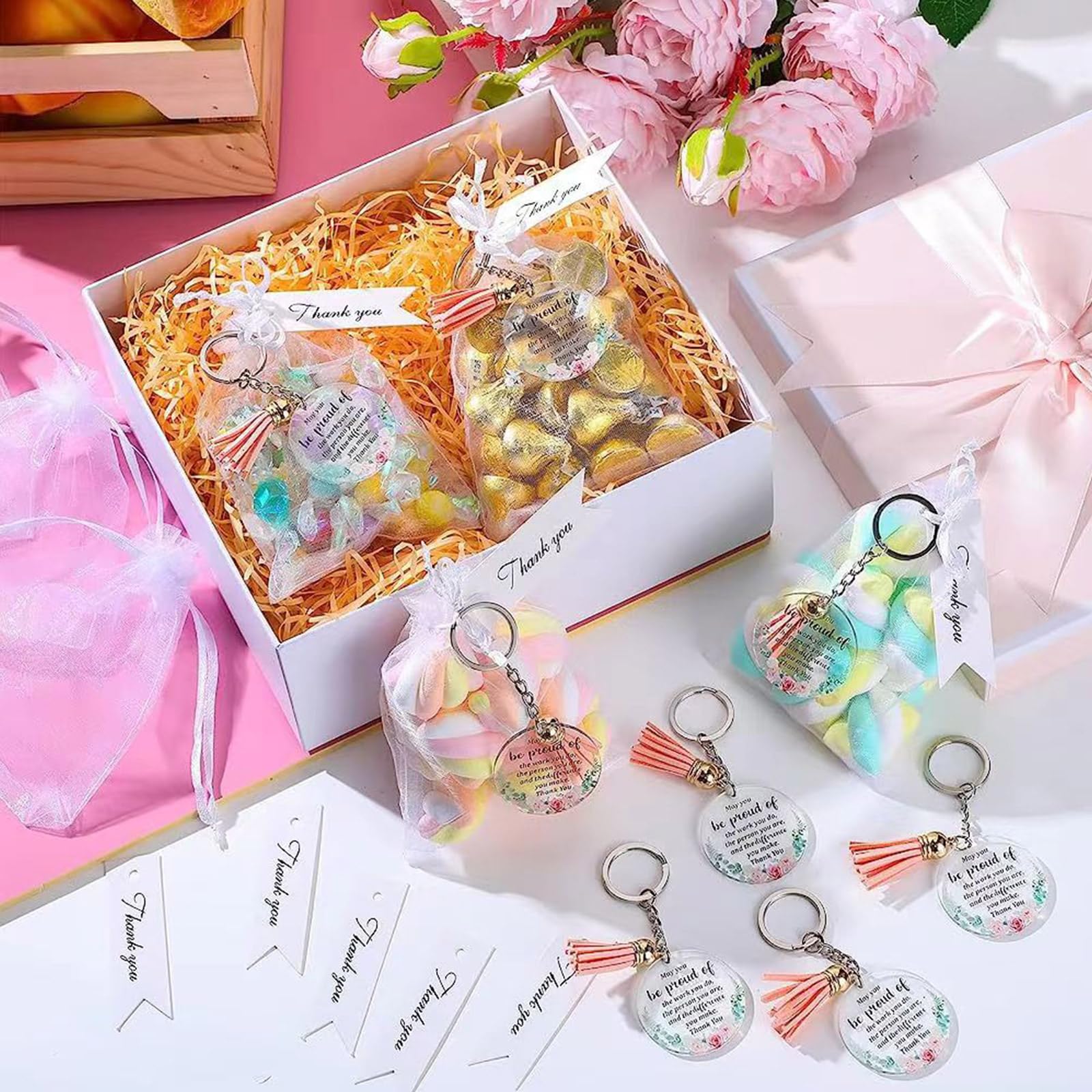 48-Pack Saddgo Thank You Cards with Inspirational Floral Acrylic Keychains - Appreciation Gifts for Birthday, Teacher, Nurse & Coworkers | Bulk Thank You Notes with Plastic Storage Bags for Office, School & Party Favors