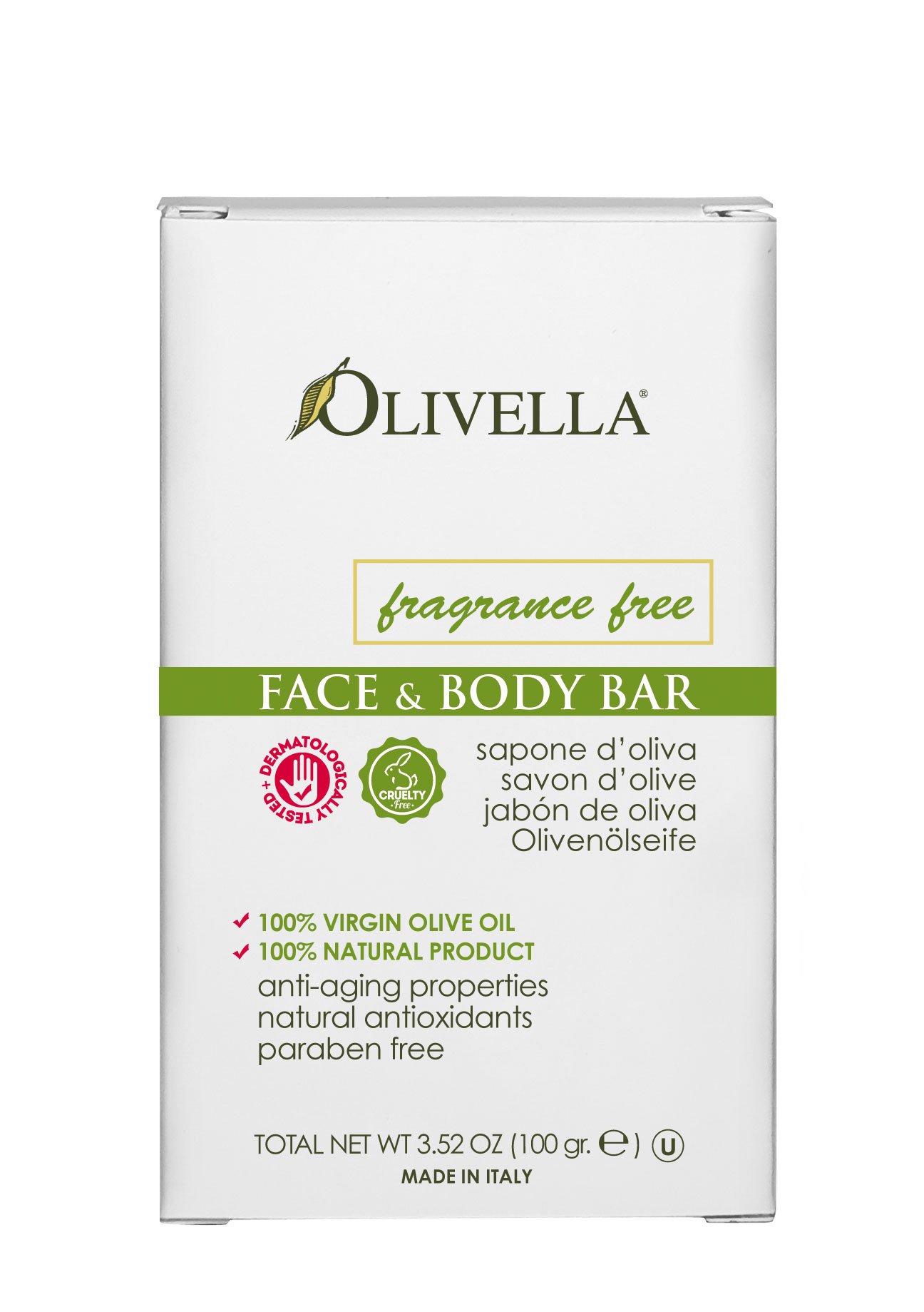 Olivella 100% Virgin Olive Oil Bar Soap - Fragrance Free, 3.5 oz - Gentle Cleansing for Sensitive Skin & Daily Face/Body Wash