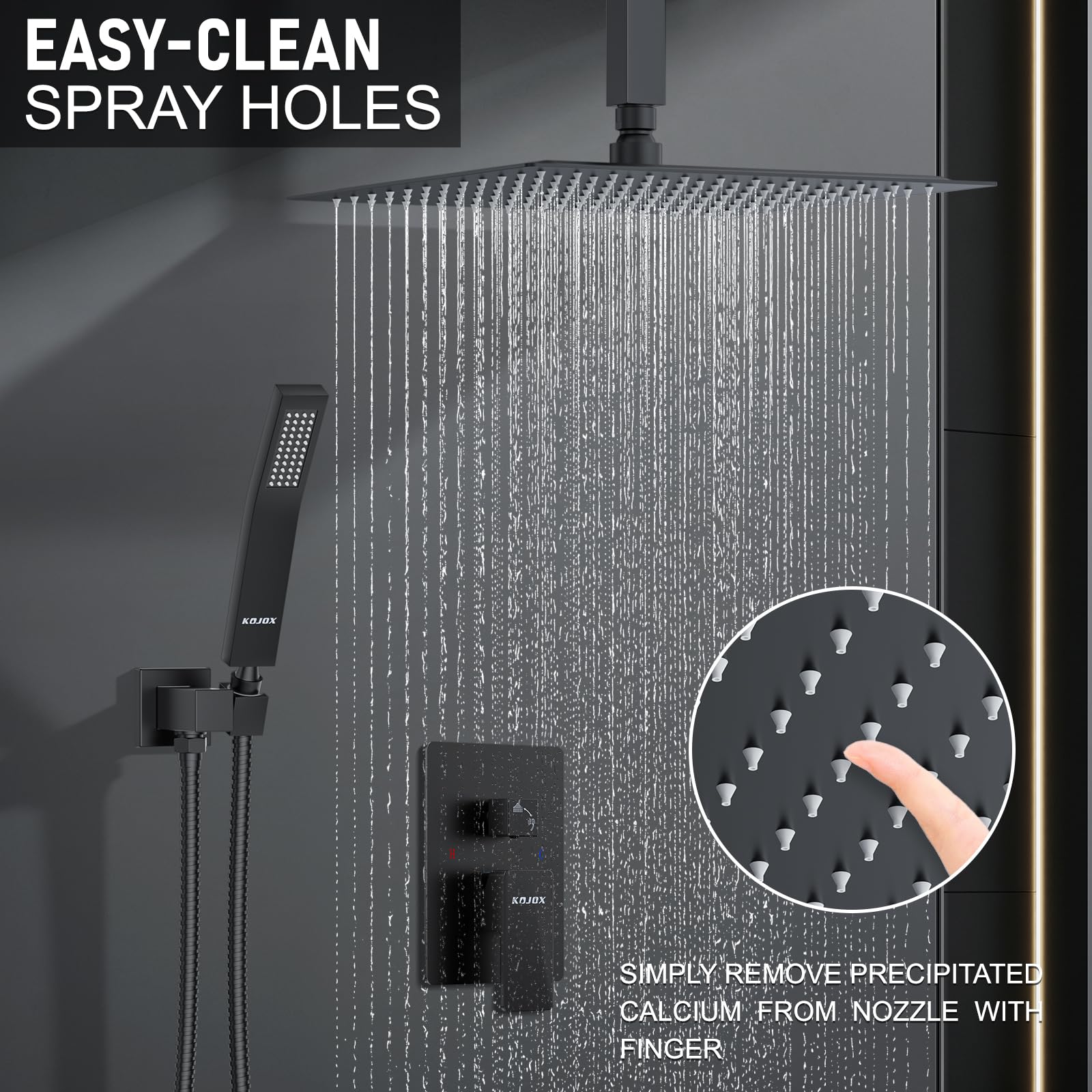 Matte Black Ceiling Mounted Shower System - 12 Inch Rainfall Showerhead & Handheld Spray - Complete Bathroom Shower Faucet Set with Mixer Valve - Perfect for Modern Spa-Like Showers and Luxurious Bathroom Upgrades