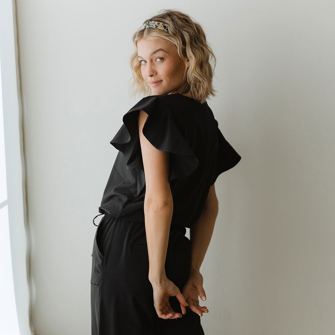 Black Flutter Sleeve Jumpsuit for Women - Elegant Wide Leg Romper with V-Neck | Perfect for Summer Parties, Date Nights & Beach Vacations
