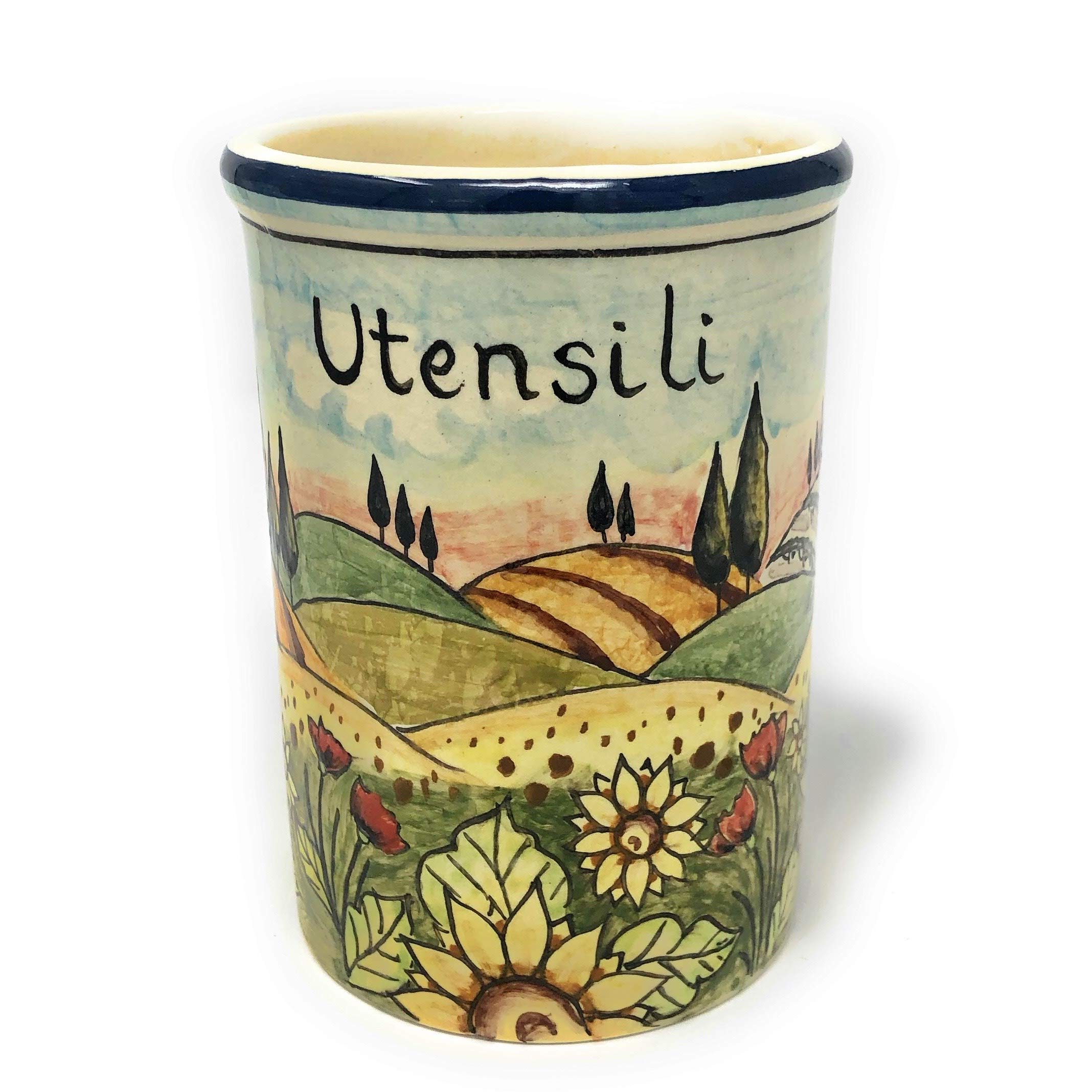 Hand-Painted Italian Ceramic Utensil Holder - Tuscan Sunflower Landscape Art Pottery | Made in Italy | Perfect for Kitchen Decor & Gift Giving